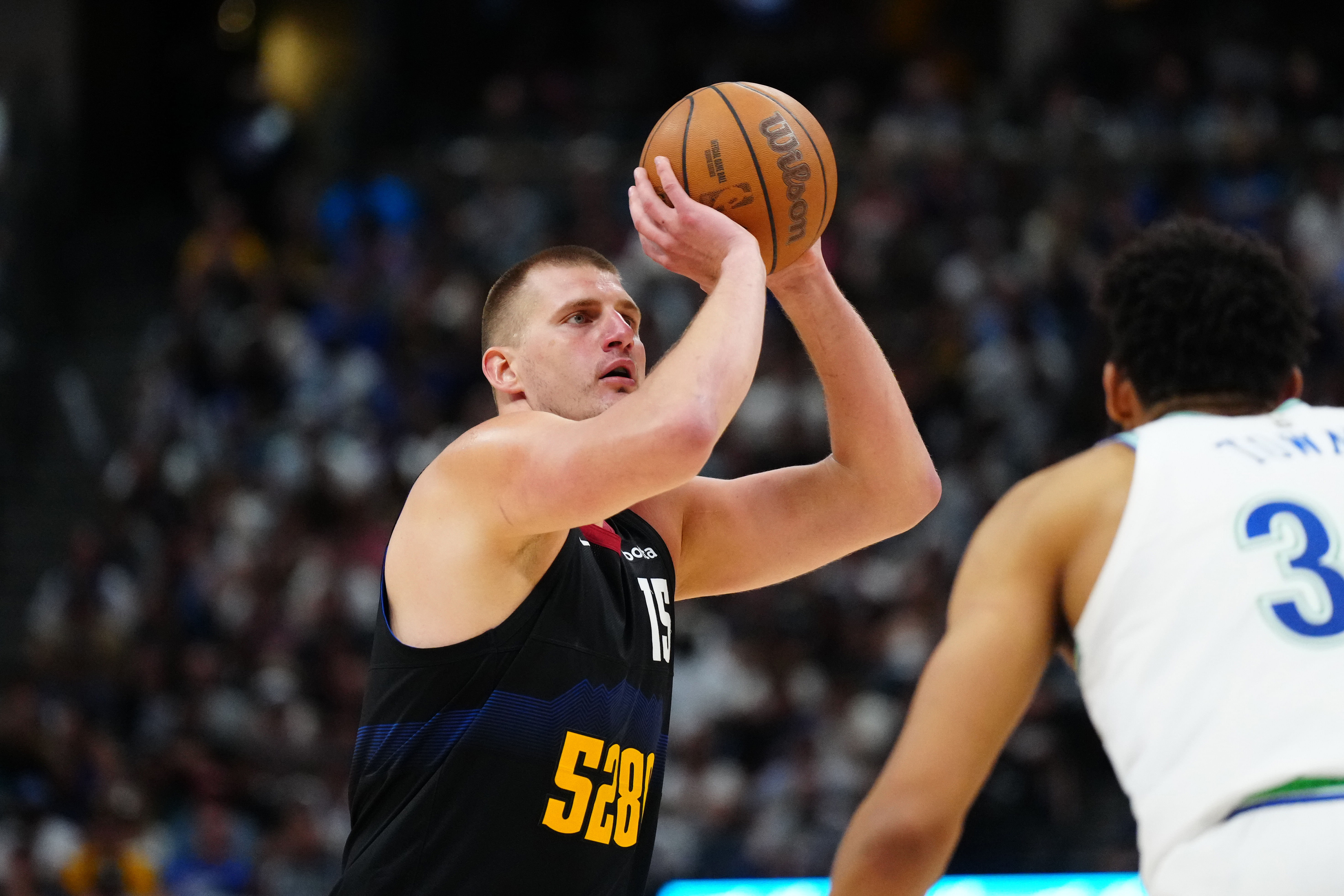 Denver Nuggets center Nikola Jokic shoots the ball against the Minnesota Timberwolves at Ball Arena. Photo Credit: Imagn