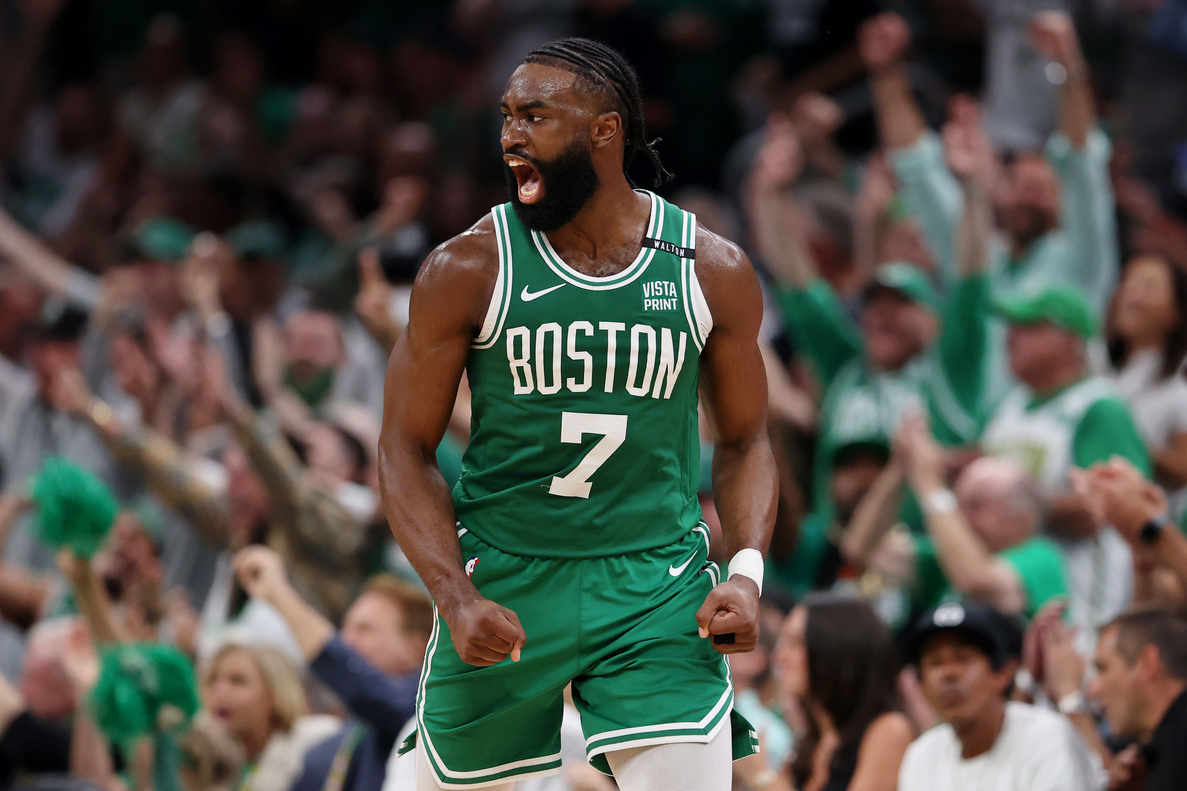 Boston Celtics guard Jaylen Brown reacts after a play in game five of the 2024 NBA Finals at TD Garden. Photo Credit: Imagn