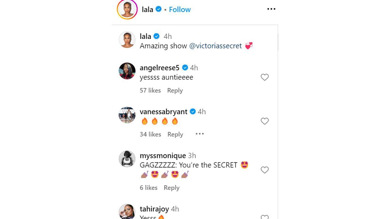 Angel Reese and Vanessa Bryant react to La La Anthony&#039;s Victoria&#039;s Secret red carpet outfit. [photo: @lala/IG]