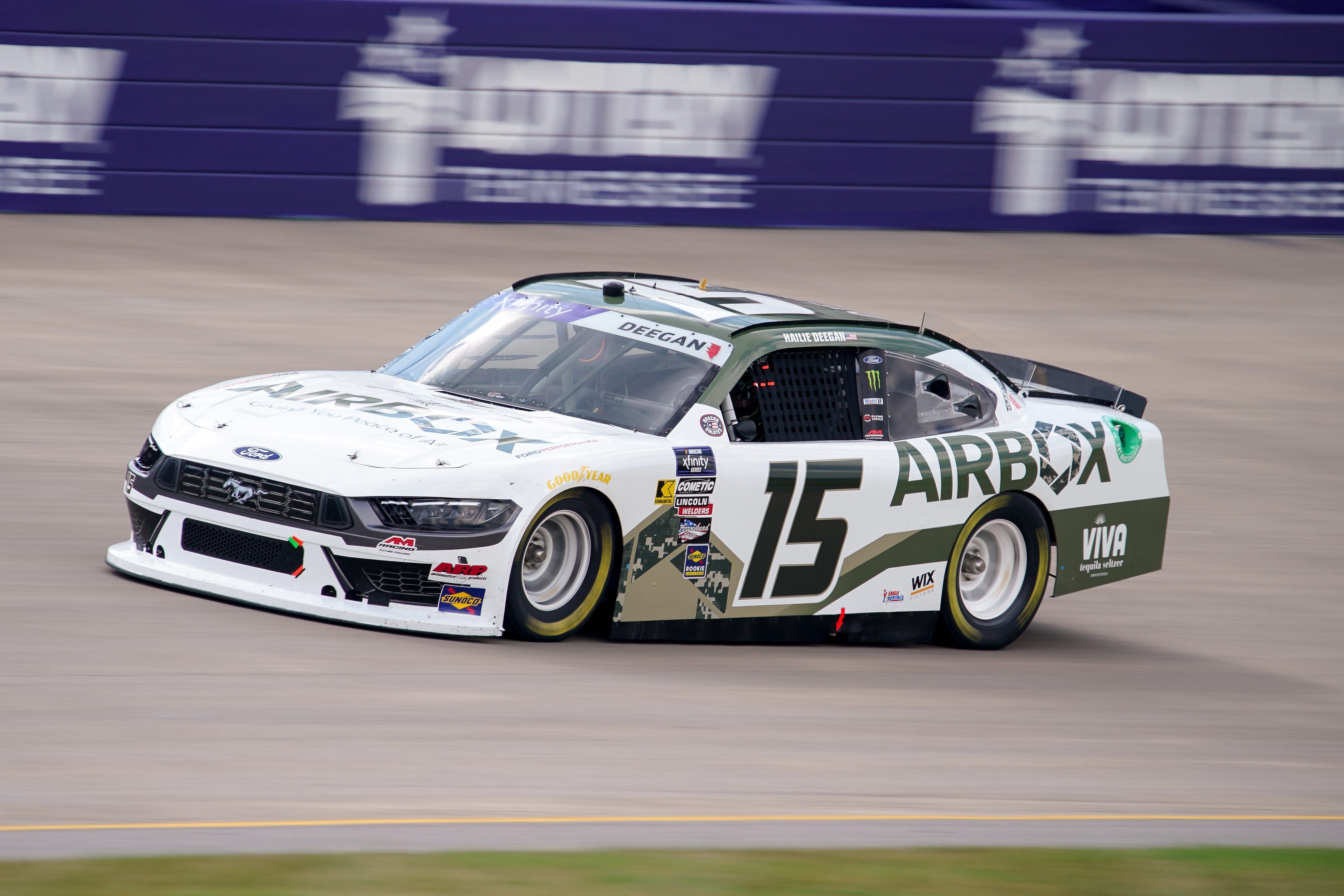 Hailie Deegan (15) races during the Tennessee Lottery 250 at Nashville Superspeedway in Lebanon, Tenn., Saturday, June 29, 2024. Credit: Imagn