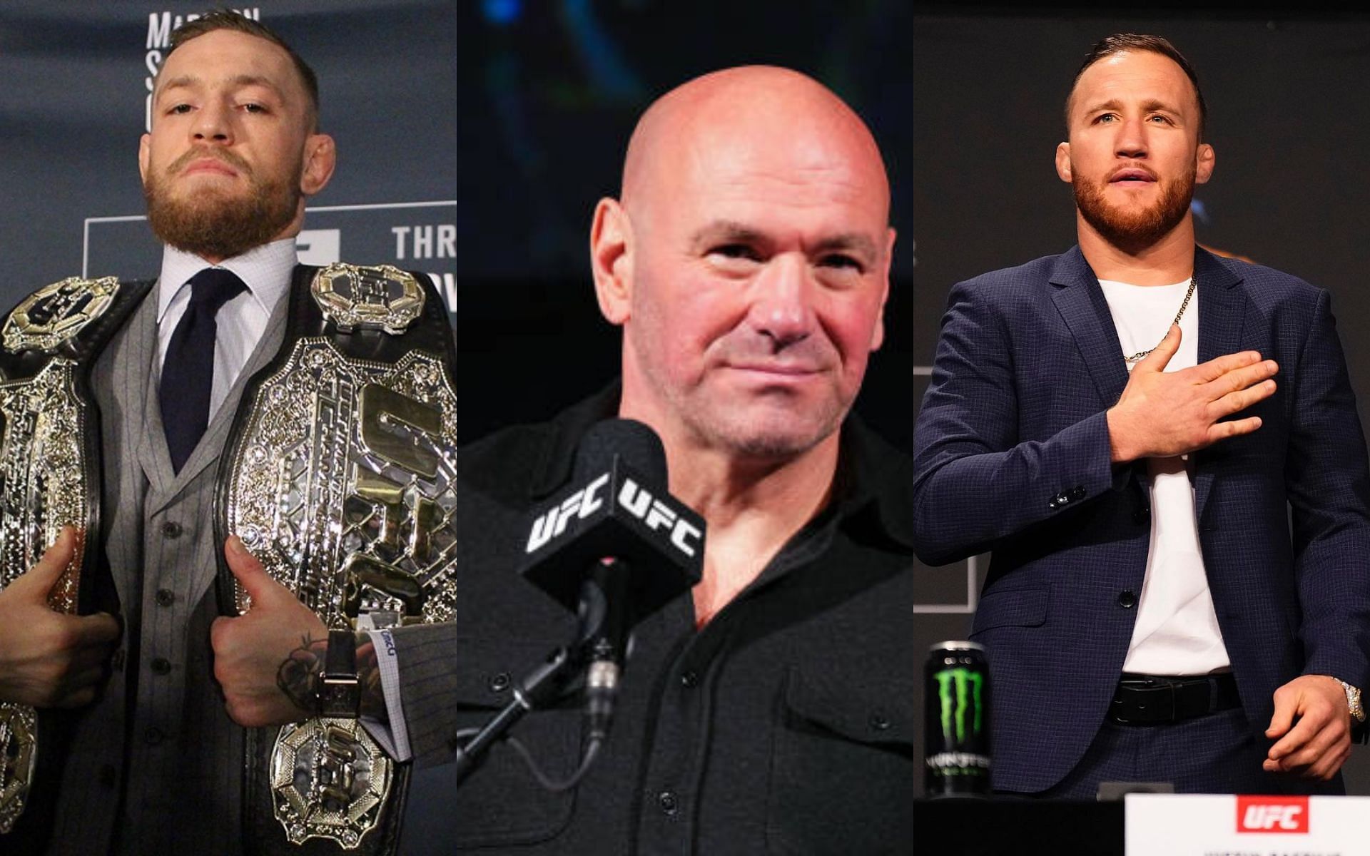 Dana White (center) defends Conor McGregor (left) from reports of him ducking Justin Gaethje (right) fight. [Images courtesy: Getty and @thenotoriousmma and @justin_gaethje on Instagram]