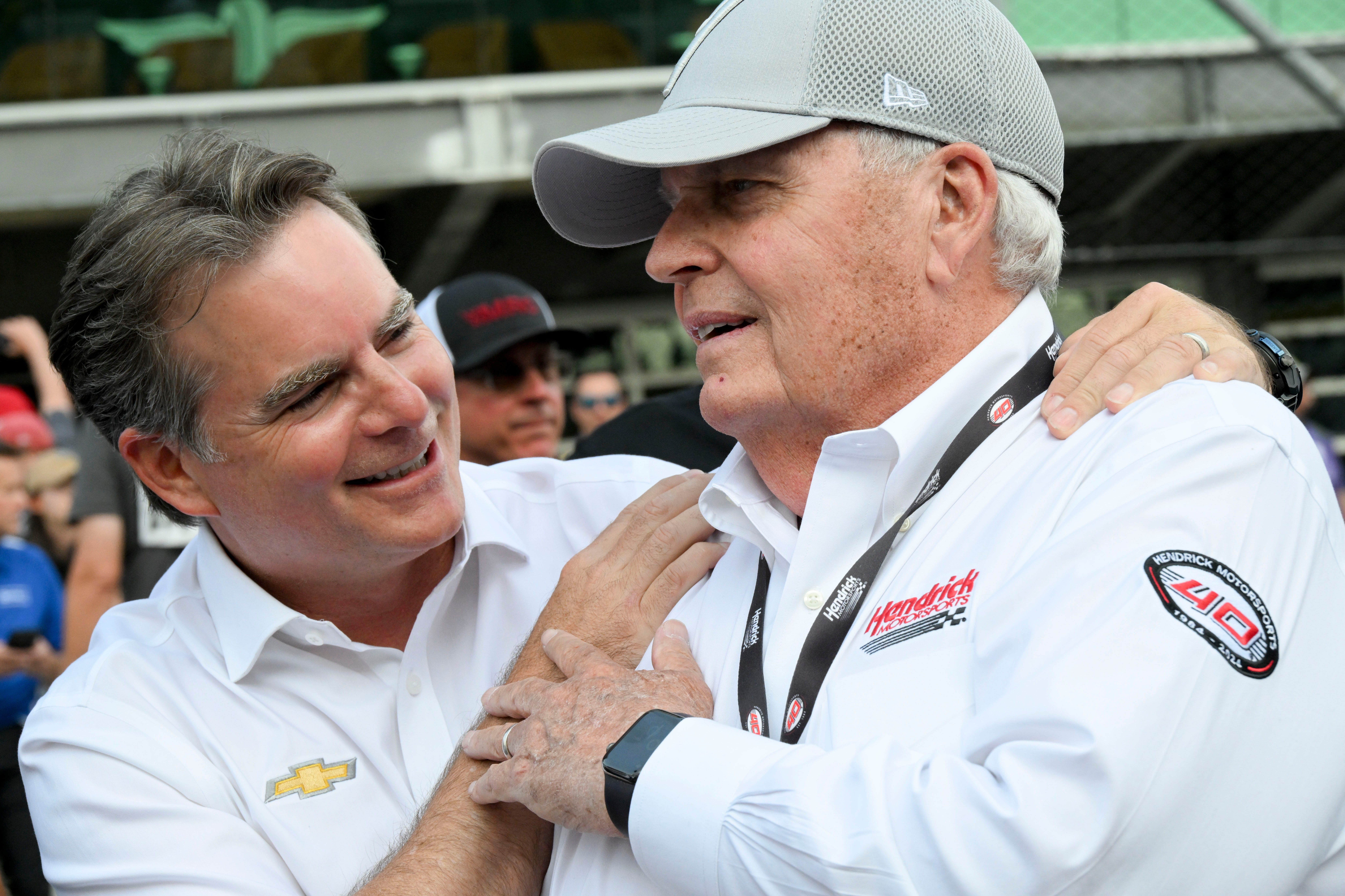 Jeff Gordon celebrates with Rick Hendrick their driver Kyle Larson (5) won the Brickyard 400, Sunday, July 21, 2024, at Indianapolis Motor Speedway. Credit: Imagn