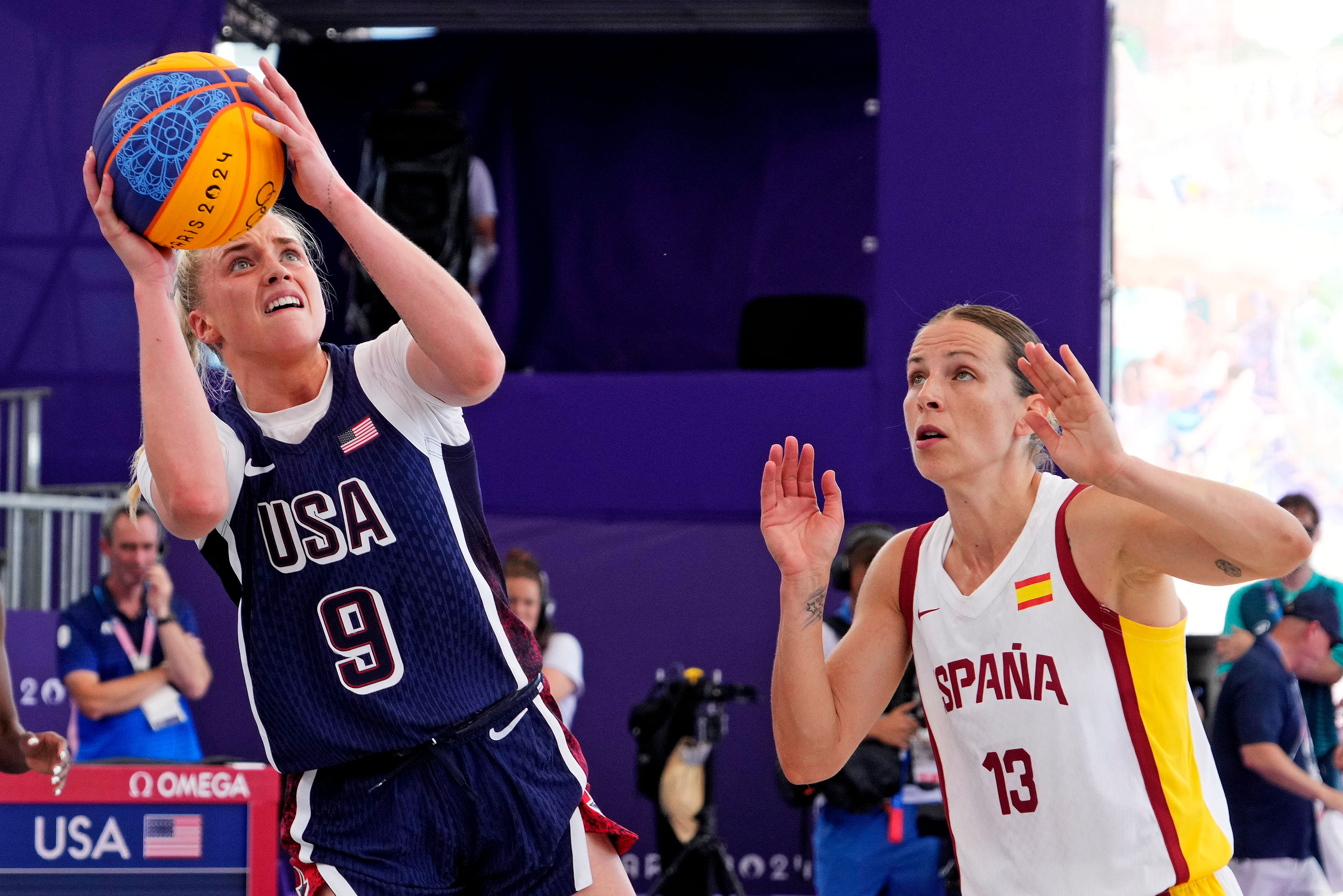 United States player Hailey van Lith (9) shoots the ball against Spain player Sandra Ygueravide (13) - Source: Imagn