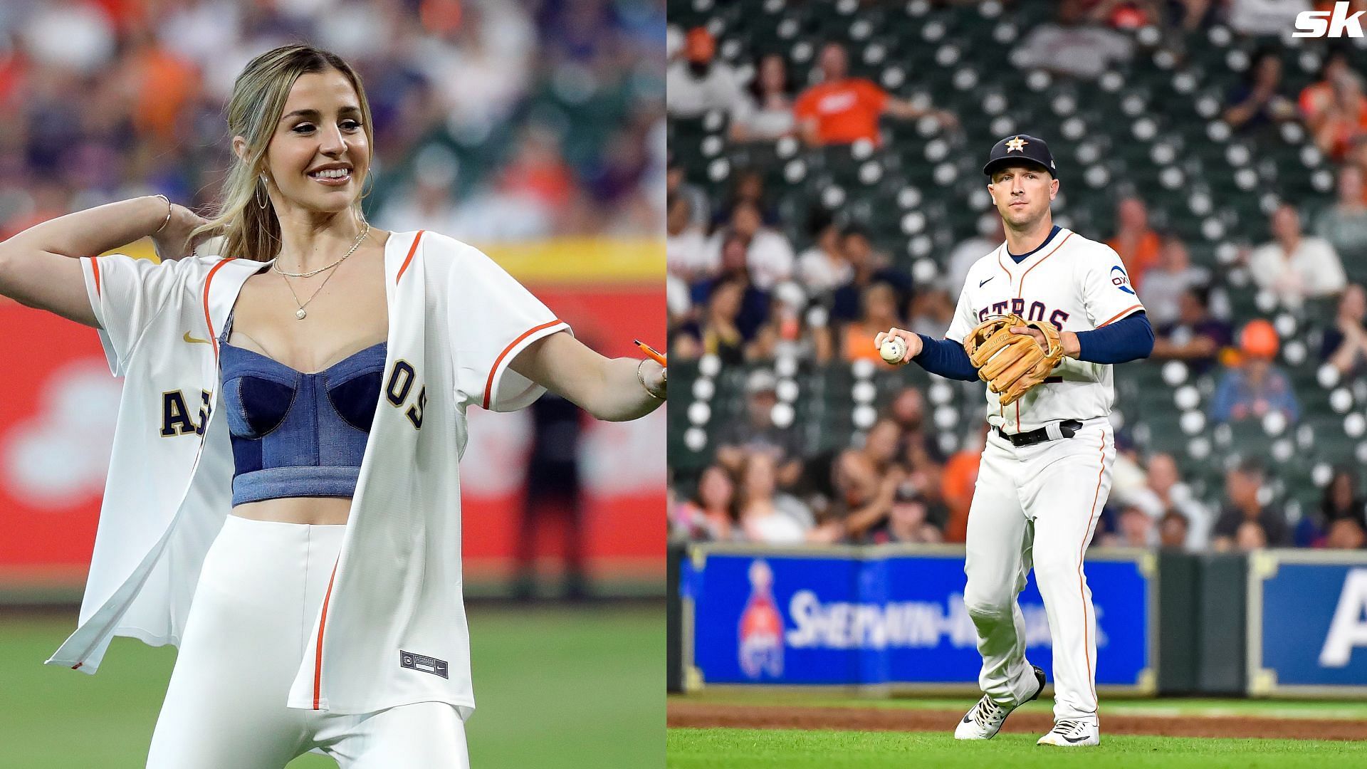 Reagan Bregman, wife of Houston Astros third baseman Alex Bregman throws out the first pitch at Minute Maid Park (Source: Getty)