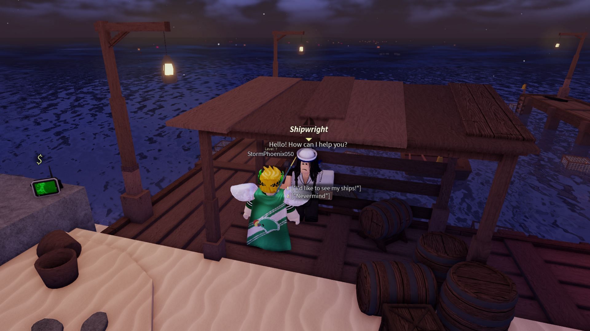 Talk to the Shipwright to spawn a boat to go to the location (Image via Roblox)