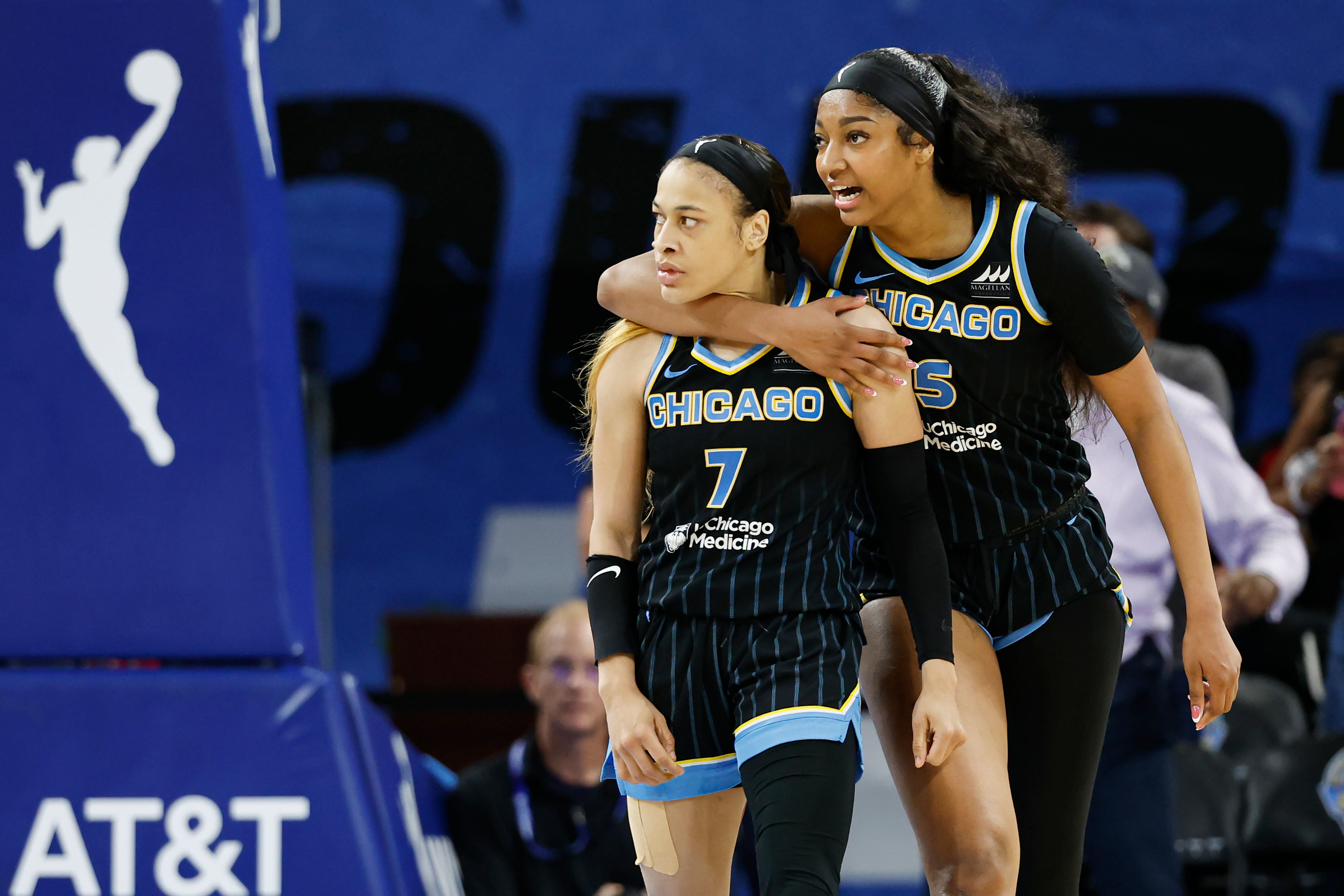 Chicago Sky guard Chennedy Carter reacts next to forward Angel Reese after scoring against the Las Vegas Aces at Wintrust Arena. Photo Credit: Imagn