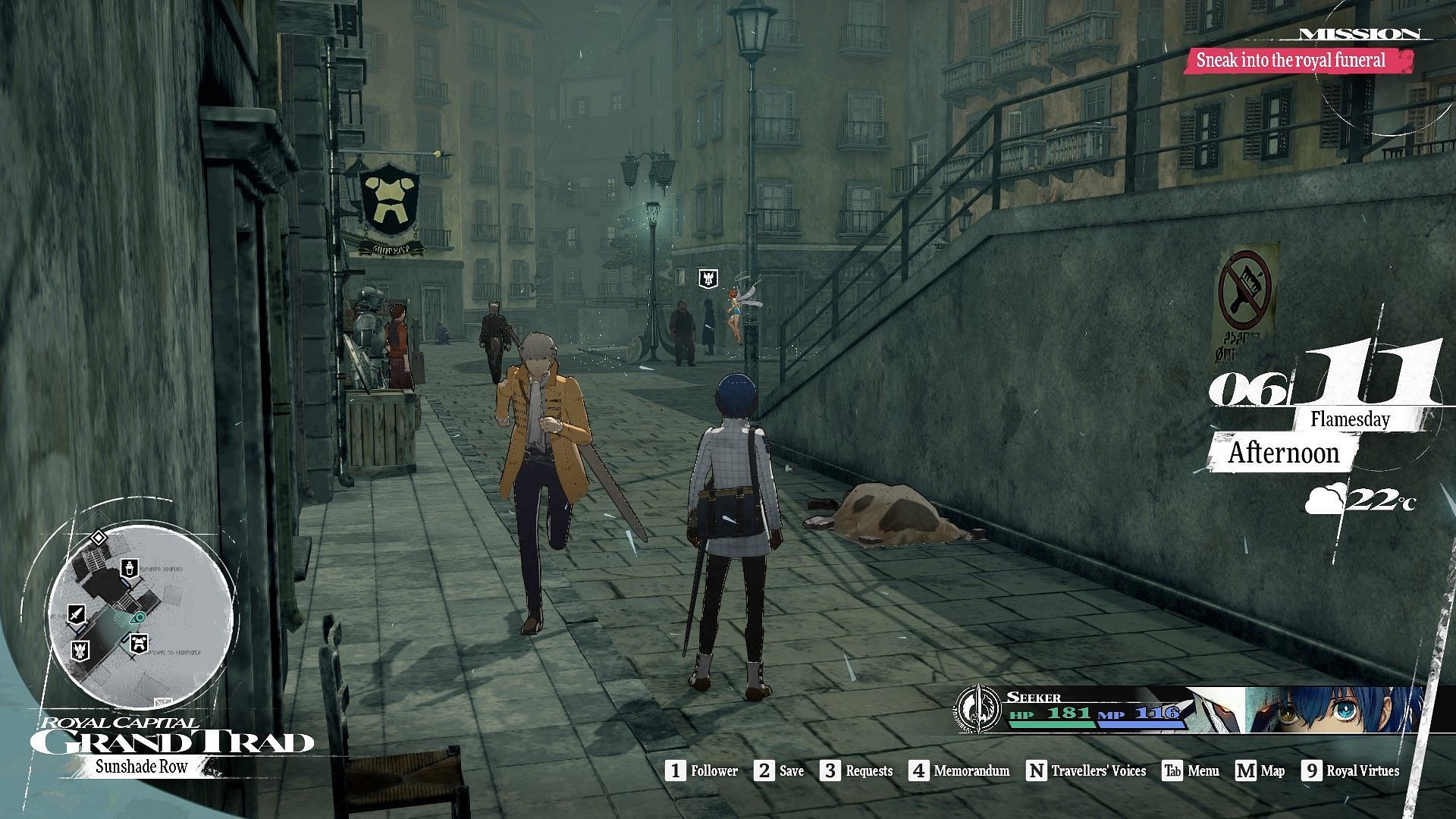 Talk to the Mustari man in Sunlomeo Street to start the Pagan&#039;s Dilemma quest in Metaphor ReFantazio (Image via Atlus)