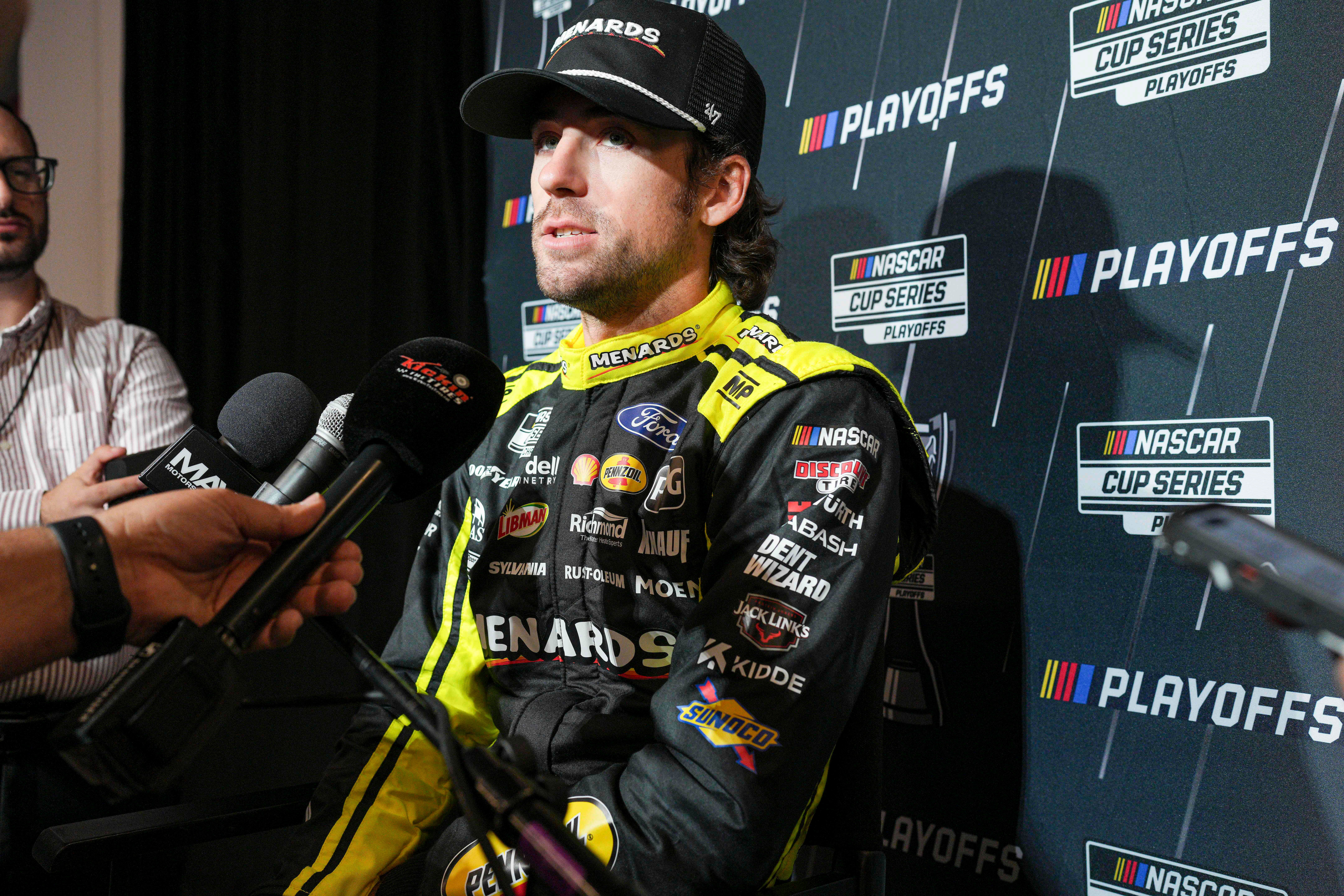 Sep 4, 2024; Charlotte, North Carolina, USA; Ryan Blaney speaks to media members during the NASCAR Playoffs Media Day at the Charlotte Convention Center. NASCAR: Playoff Media Day - Source: Imagn