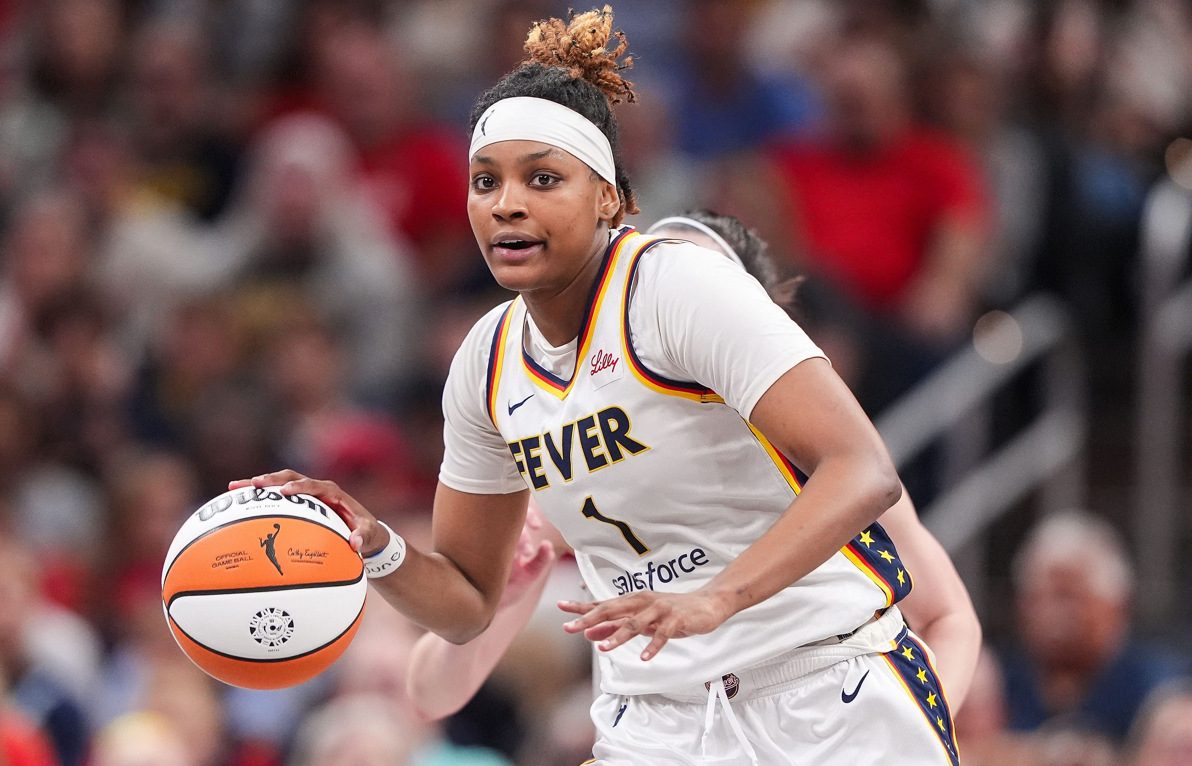 Indiana Fever forward NaLyssa Smith rushes up the court at Gainbridge Fieldhouse in Indianapolis. Photo Credit: Imagn