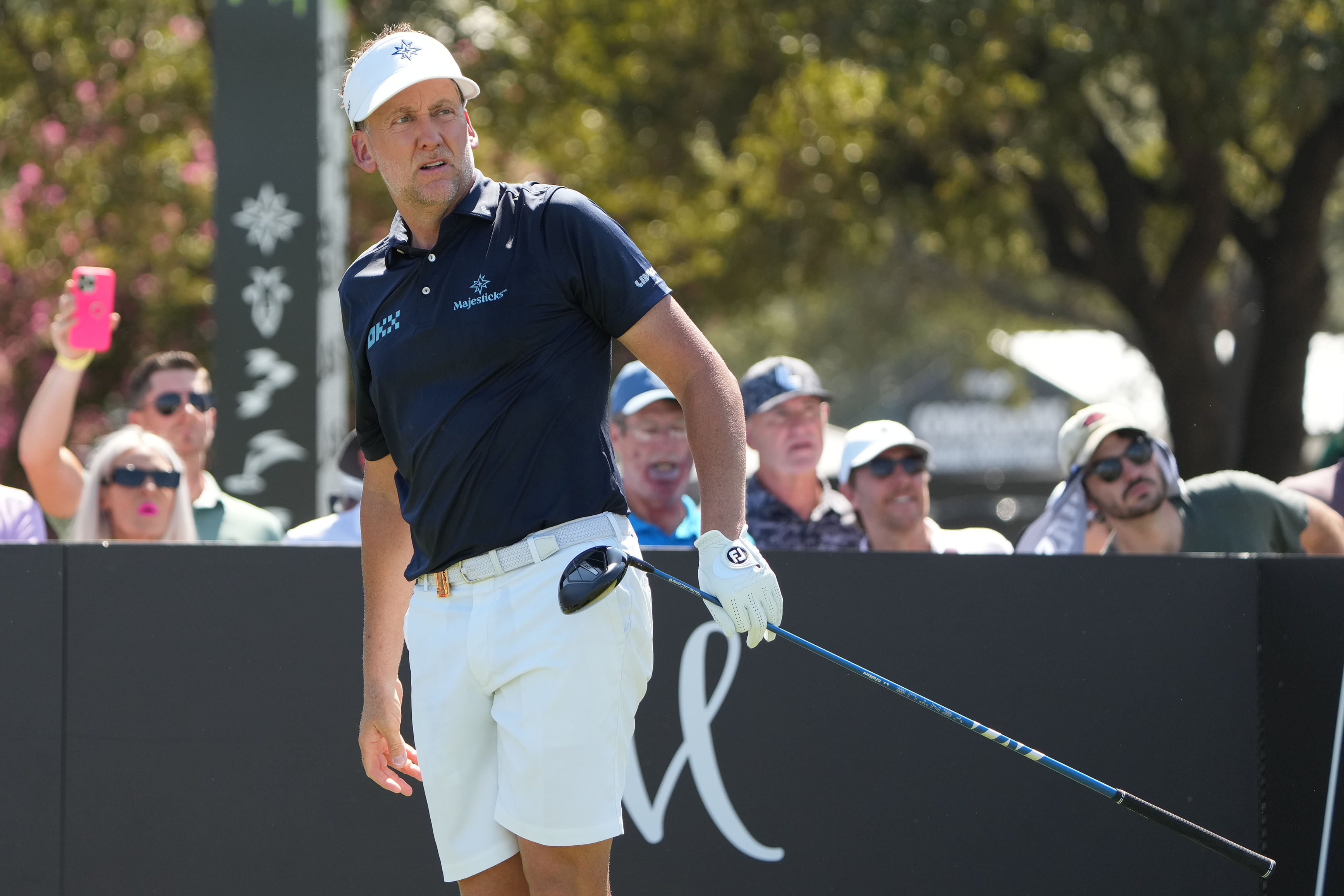 Ian Poulter watches his shot during the LIV Golf Team Championship at Maridoe Golf Club, Dallas. (Image Source: Imagn)