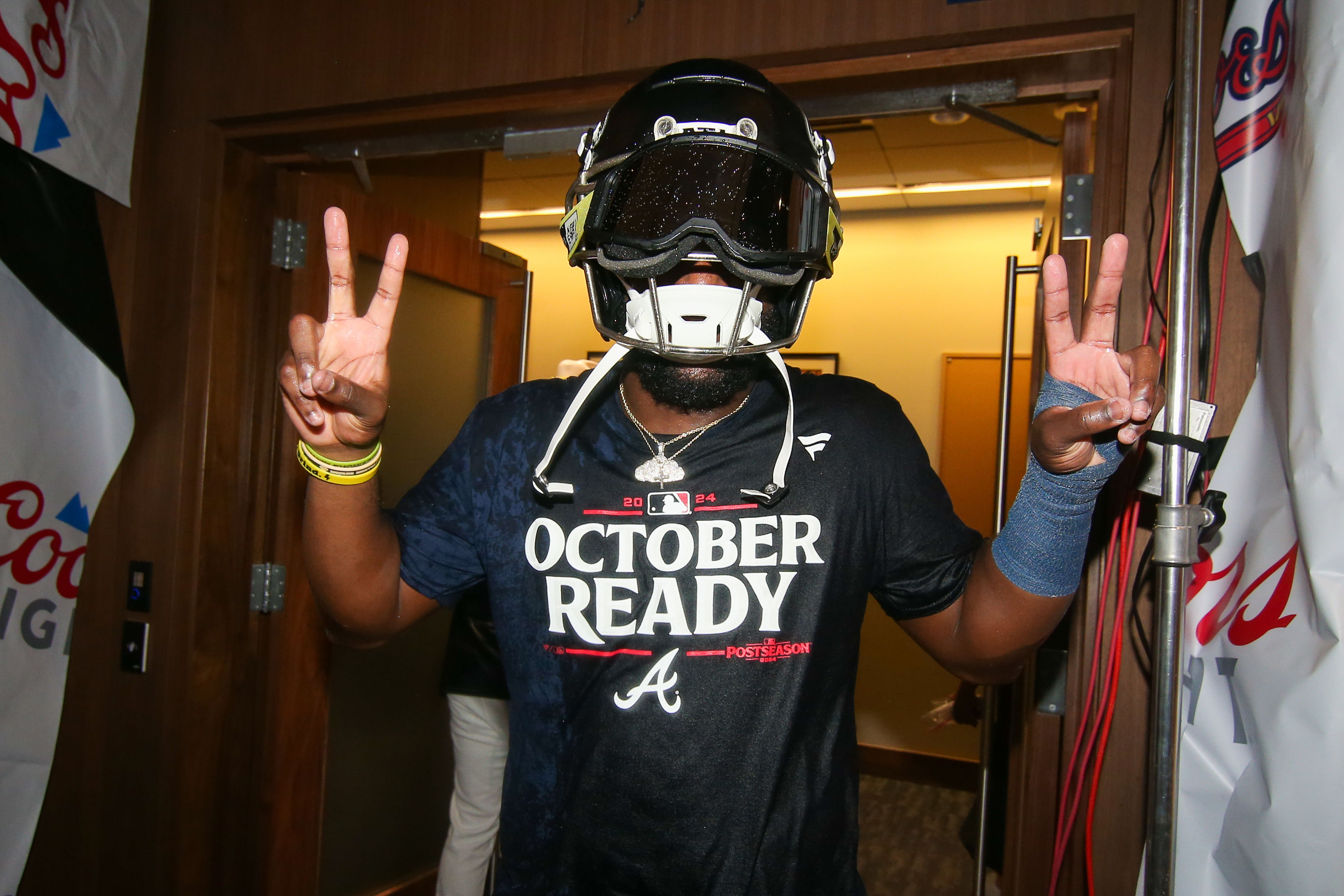 Michael Harris celebrates the Atlanta Braves reaching the postseason (Photo Credit: IMAGN)