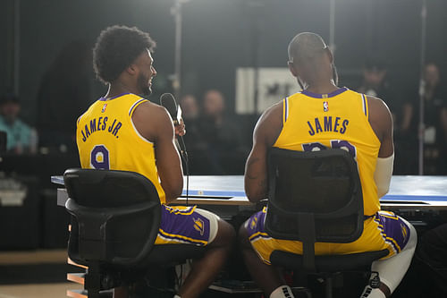 Los Angeles Lakers forward LeBron James with son Bronny James during media day at the UCLA Health Training Center. Photo Credit: Imagn