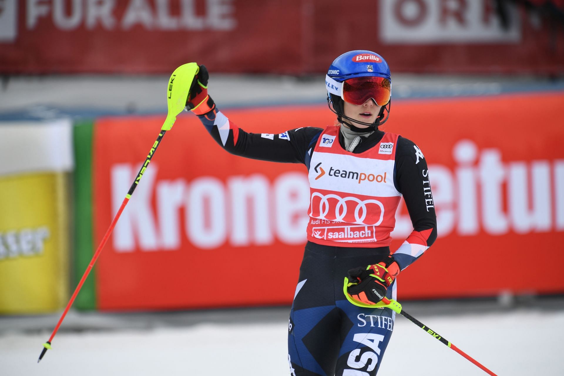 Mikaela Shiffrin competes during the Women&#039;s Slalom at FIS Alpine Ski World Cup Finals in Saalbach-Hinterglemm, Austria. (Photo by Getty Images)