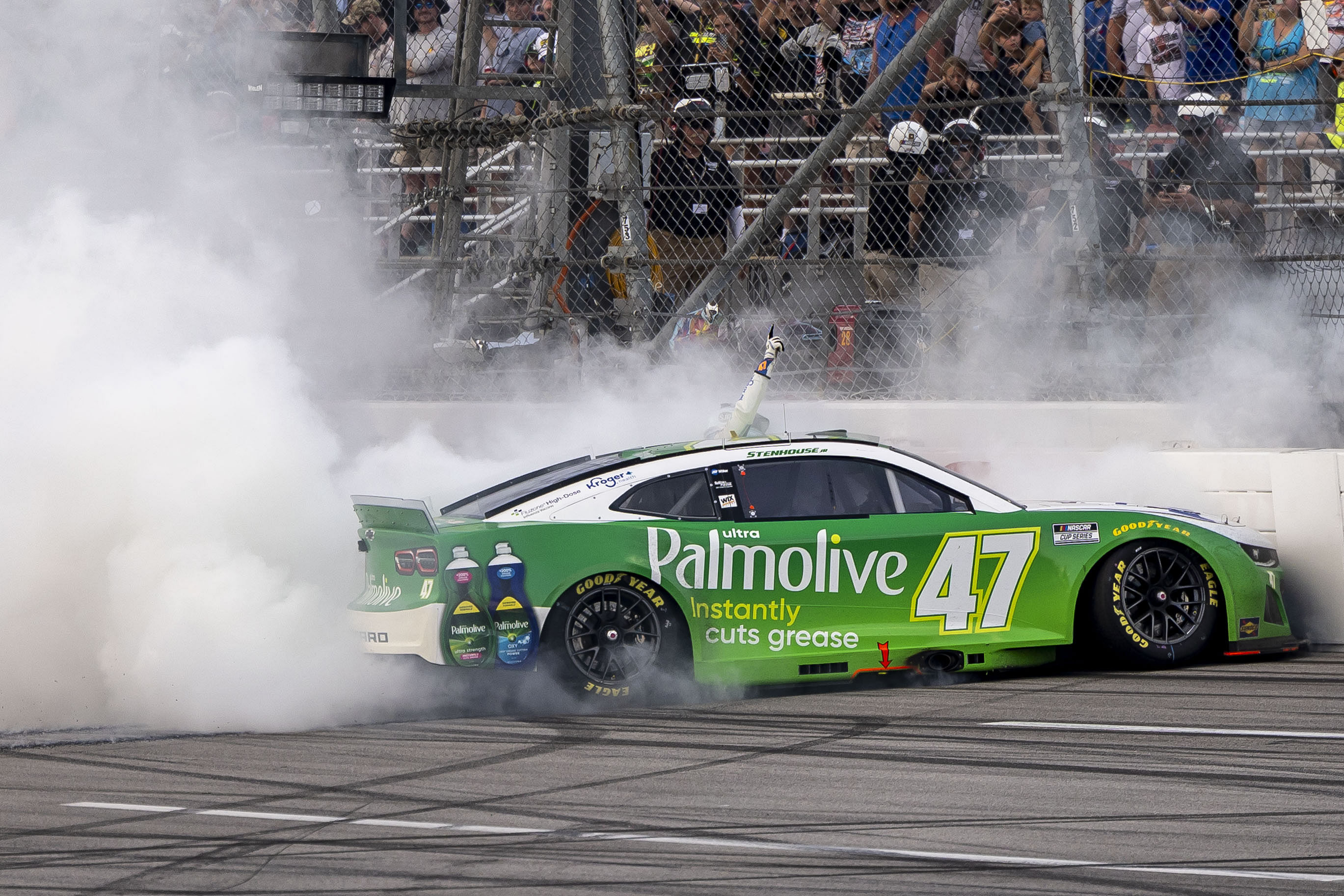 Ricky Stenhouse, Jr. (47) celebrates a win after the YellaWood 500 at Talladega Superspeedway. Mandatory Credit: Vasha Hunt-Imagn Images