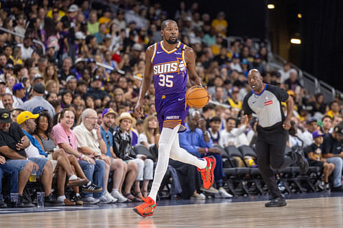 Phoenix Suns forward Kevin Durant moves the ball against the Los Angeles Lakers at Acrisure Arena. Photo Credit: Imagn