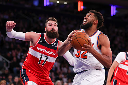 New York Knicks center Karl-Anthony Towns drives to the basket against the Washington Wizards at Madison Square Garden. Photo Credit: Imagn