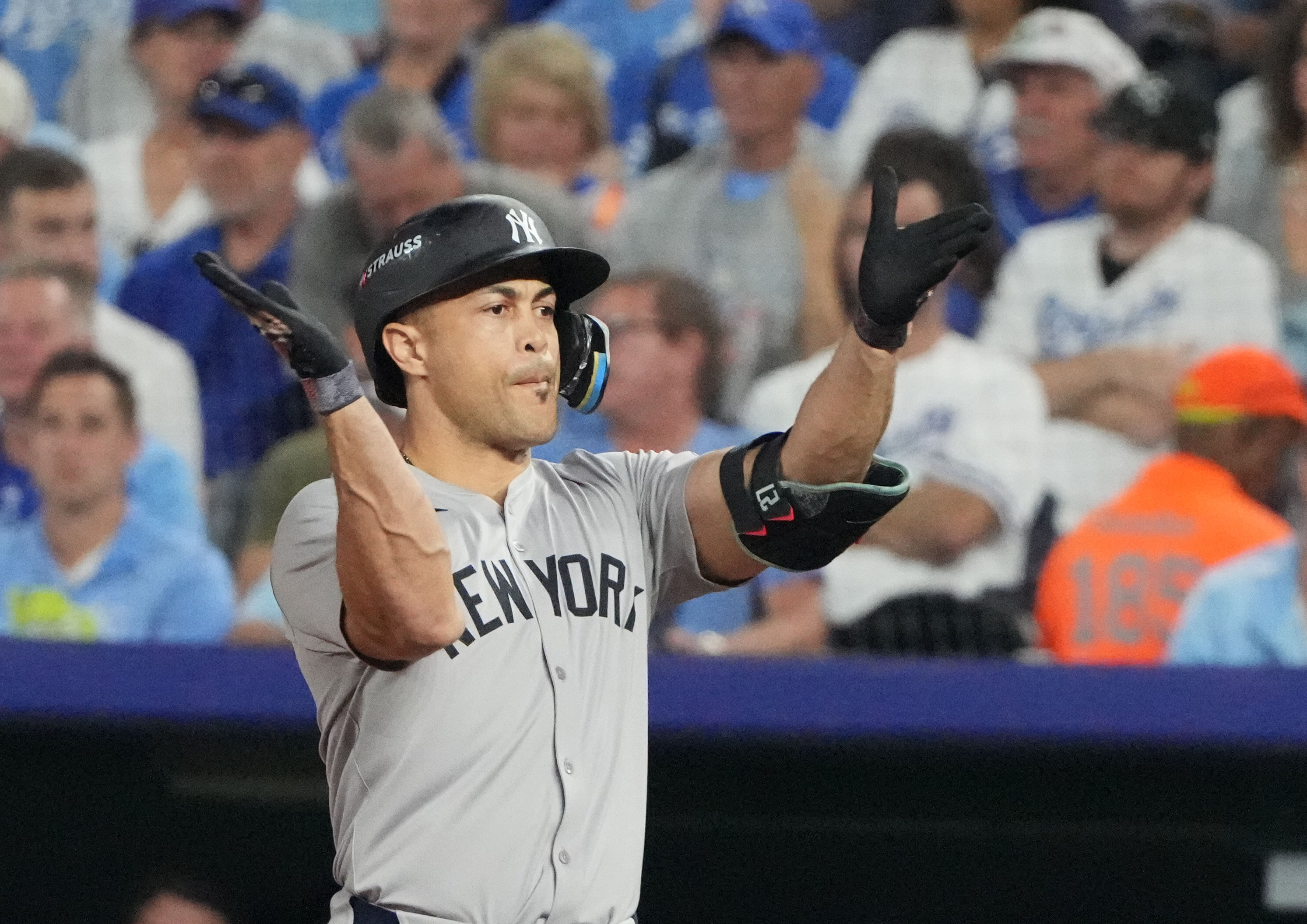 Giancarlo Stanton had a home run in the ALDS (Imagn)