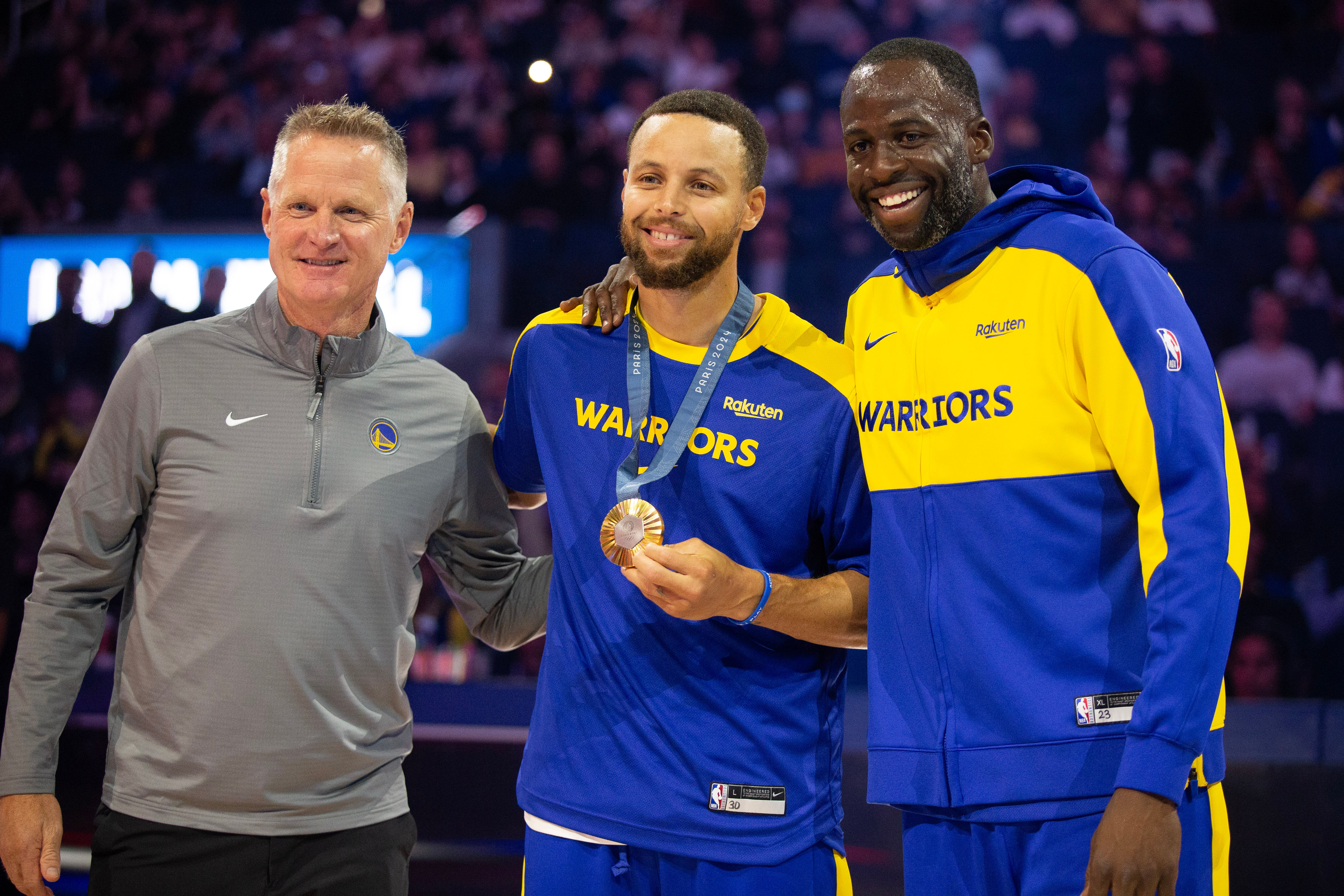 Steve Kerr, Steph Curry, and Draymond Green