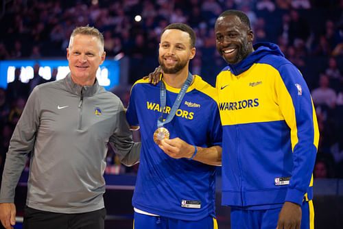 Steve Kerr, Steph Curry, and Draymond Green