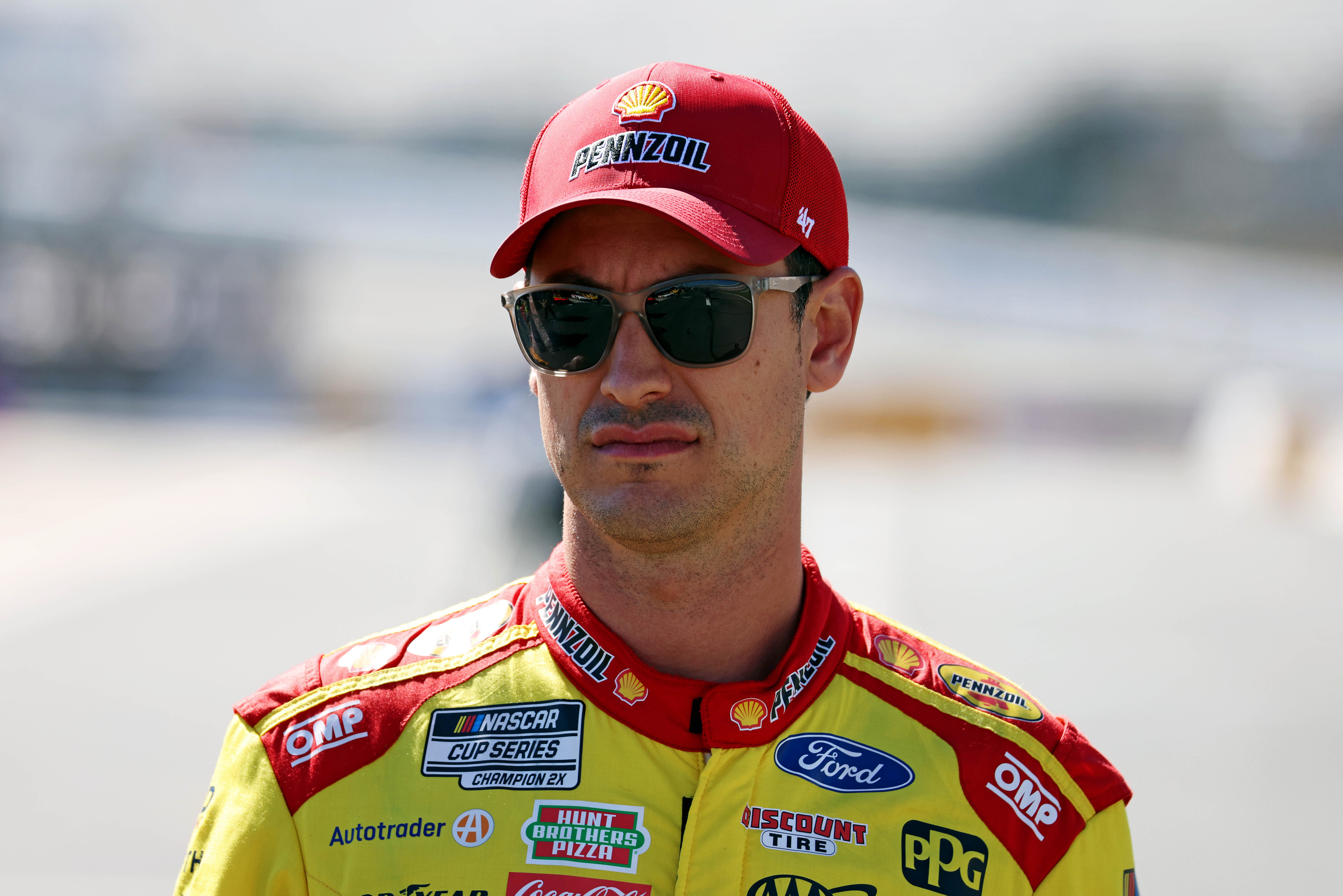 Oct 12, 2024; Concord, North Carolina, USA; NASCAR Cup Series driver Joey Logano (22) during practice and qualifying for the Bank of America ROVAL 400 at Charlotte Motor Speedway Road Course. NASCAR: Cup Practice &amp; Qualifying - Source: Imagn