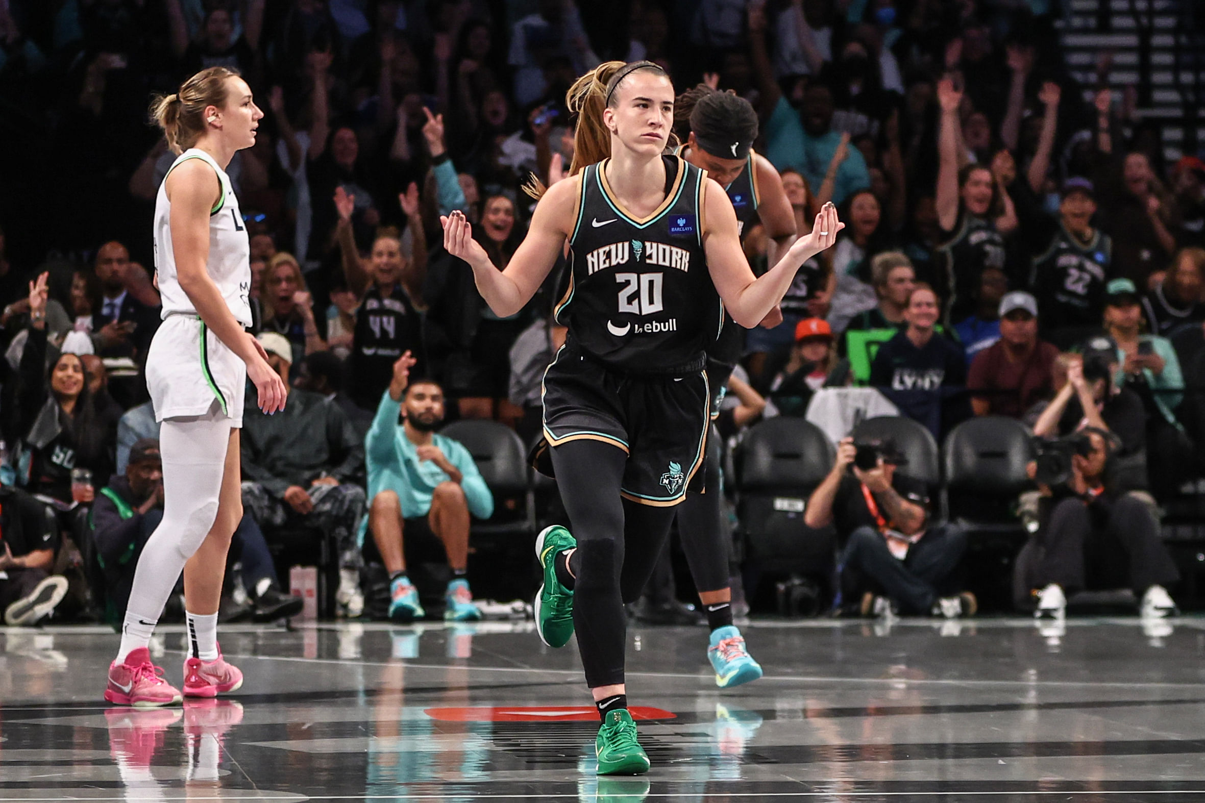 New York Liberty guard Sabrina Ionescu reacts after scoring against the Minnesota Lynx at Barclays Center. Photo Credit: Imagn