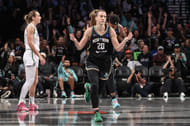 New York Liberty guard Sabrina Ionescu reacts after scoring against the Minnesota Lynx at Barclays Center. Photo Credit: Imagn