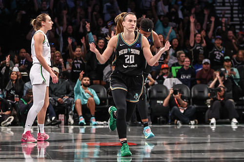 New York Liberty guard Sabrina Ionescu reacts after scoring against the Minnesota Lynx at Barclays Center. Photo Credit: Imagn