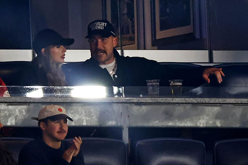 Travis Kelce and Taylor Swift at the Yankees Guardians game (Imagn)