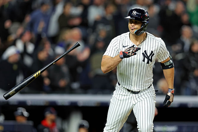 "Judge should be ashamed"; "Shows up when it matters" - Yankees fans hail Giancarlo Stanton for clutch postseason record after ALCS Game 1 heroics