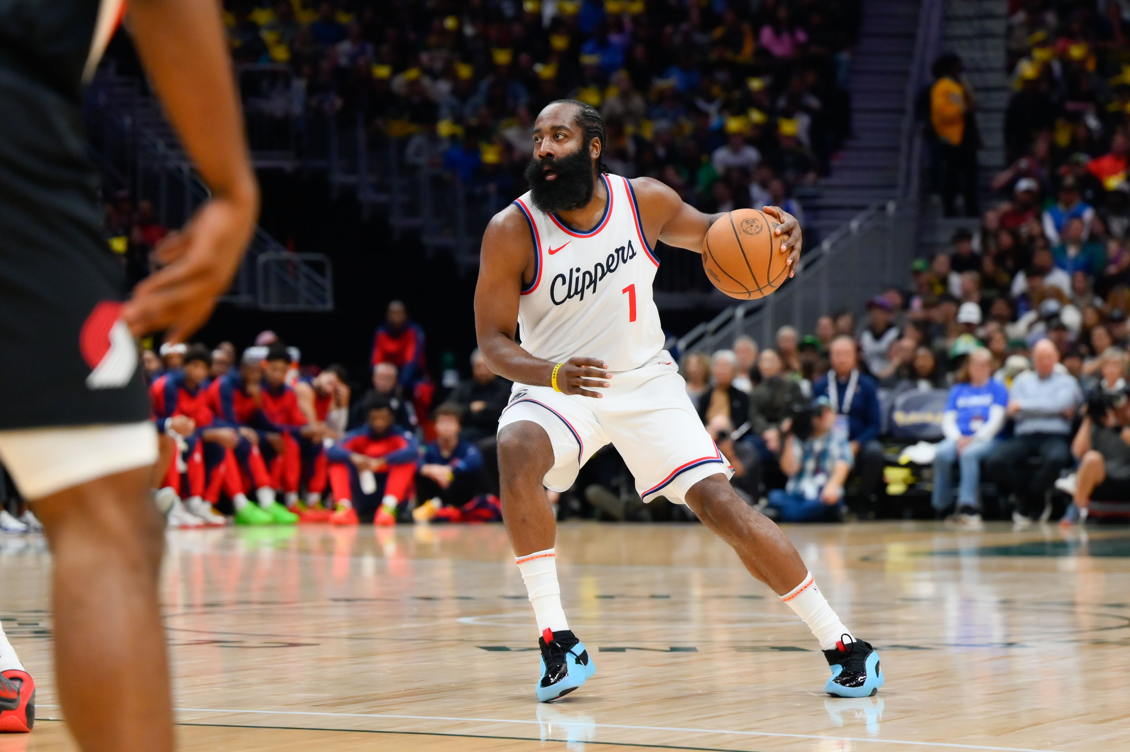 Los Angeles Clippers guard James Harden (1) dribbles the ball during the first half at Climate Pledge Arena. Mandatory Credit: Steven Bisig-Imagn Images