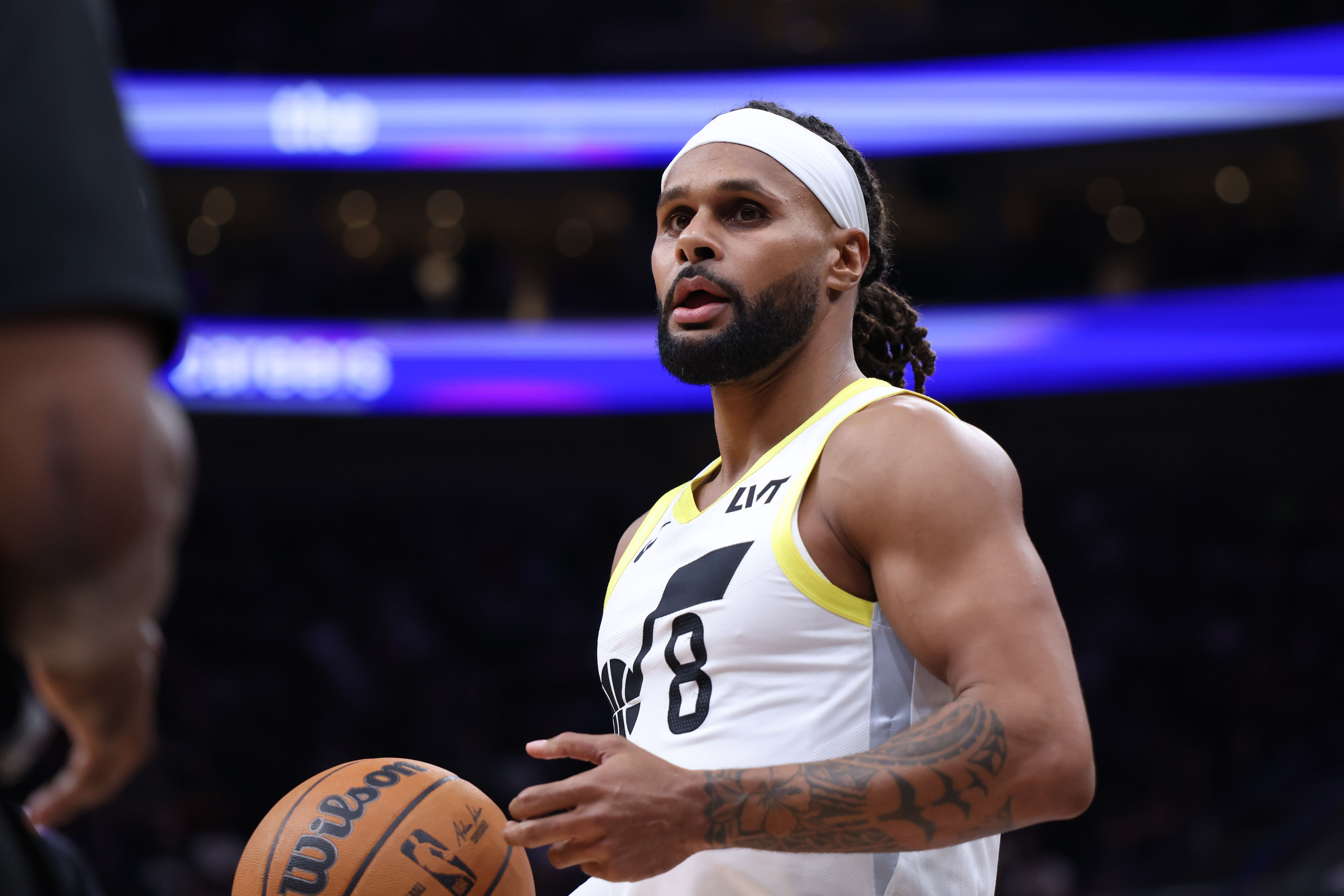 Utah Jazz guard Patty Mills reacts to a play against the Sacramento Kings during the fourth quarter at Delta Center. Photo Credit: Imagn