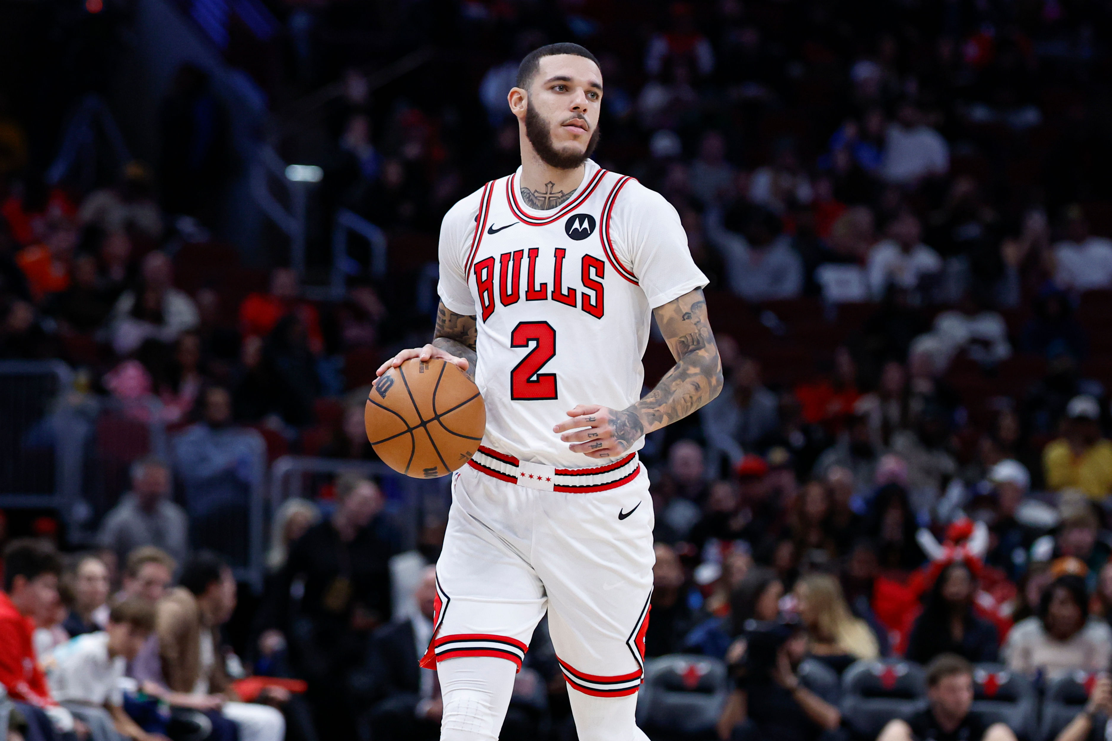 Chicago Bulls guard Lonzo Ball brings the ball up court against the Minnesota Timberwolves at United Center. Photo Credit: Imagn