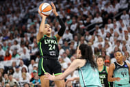 Minnesota Lynx forward Napheesa Collier shoots over New York Liberty forward Breanna Stewart at Target Center. Photo Credit: Imagn