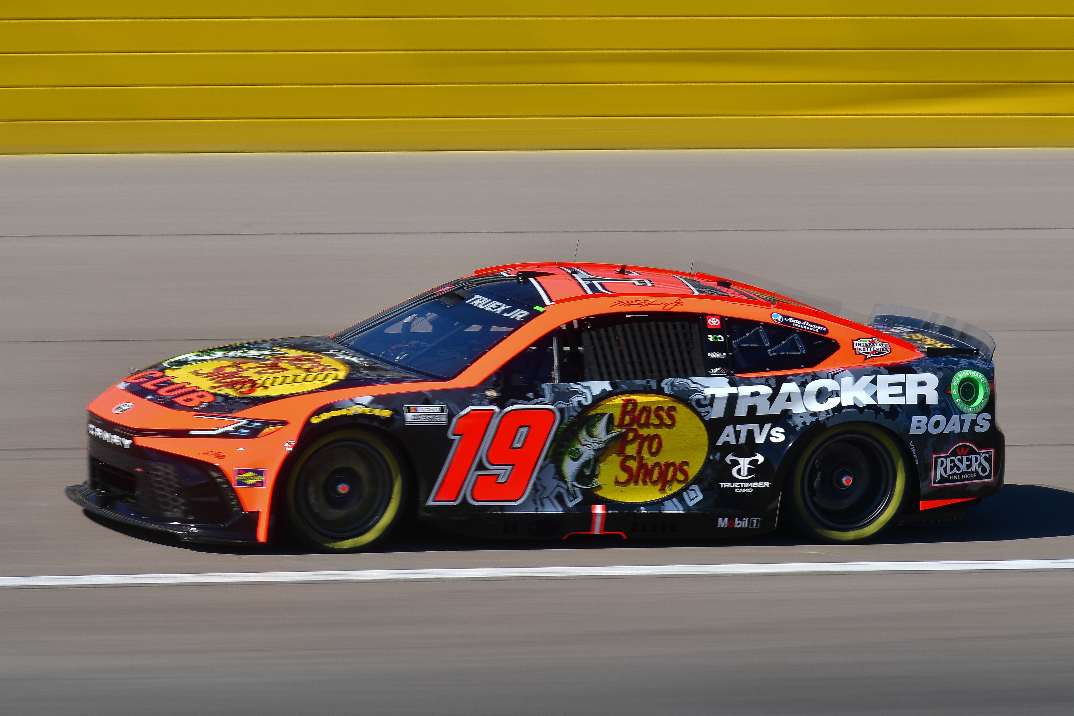 Martin Truex Jr. (19) during practice for the South Point 400 at Las Vegas Motor Speedway. Mandatory Credit: Gary A. Vasquez-Imagn Images