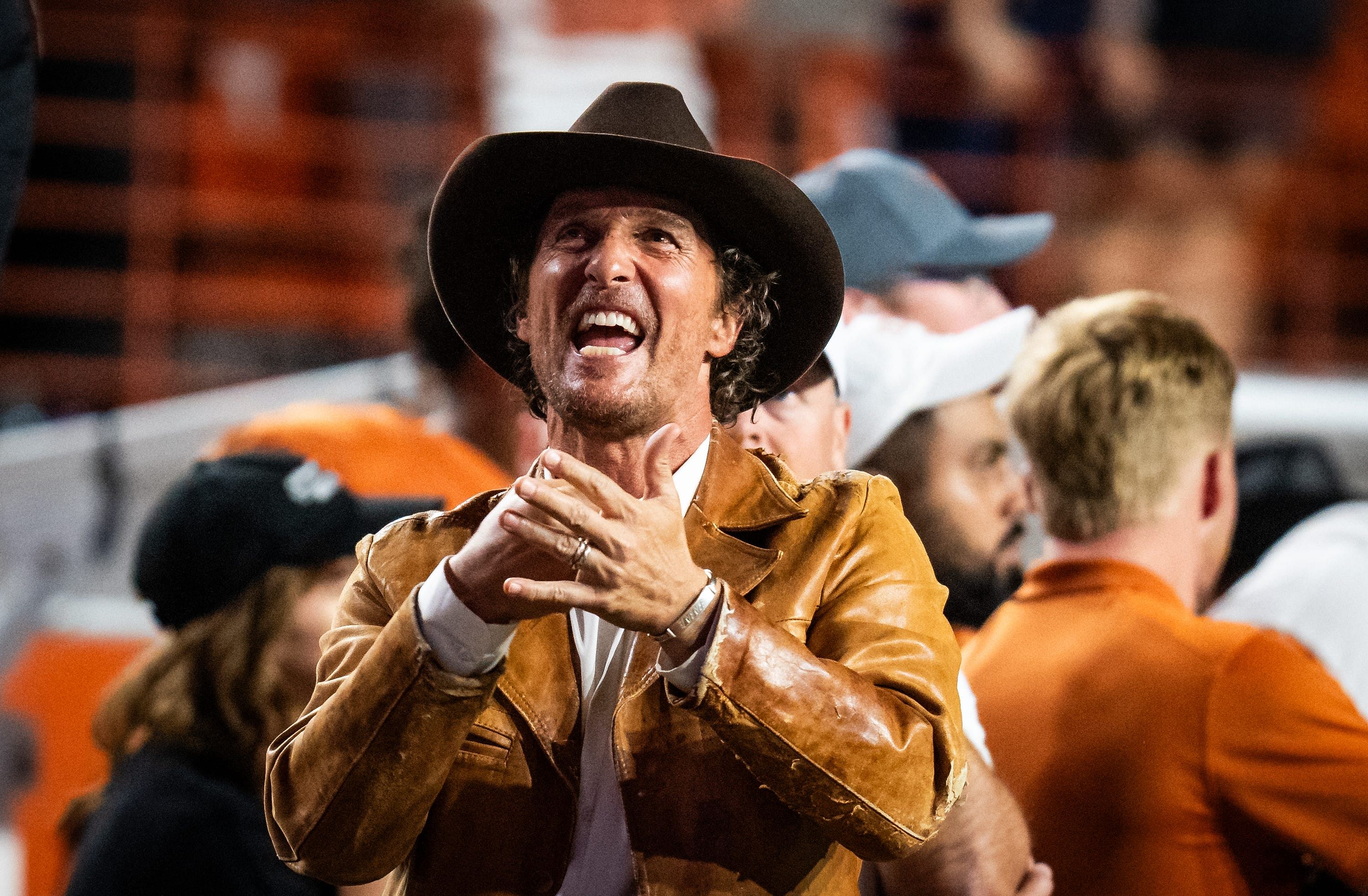 Matthew McConaughey reacts to a call by the referees in the third quarter of the Longhorns&#039; game against the Georgia Bulldogs Source: Imagn