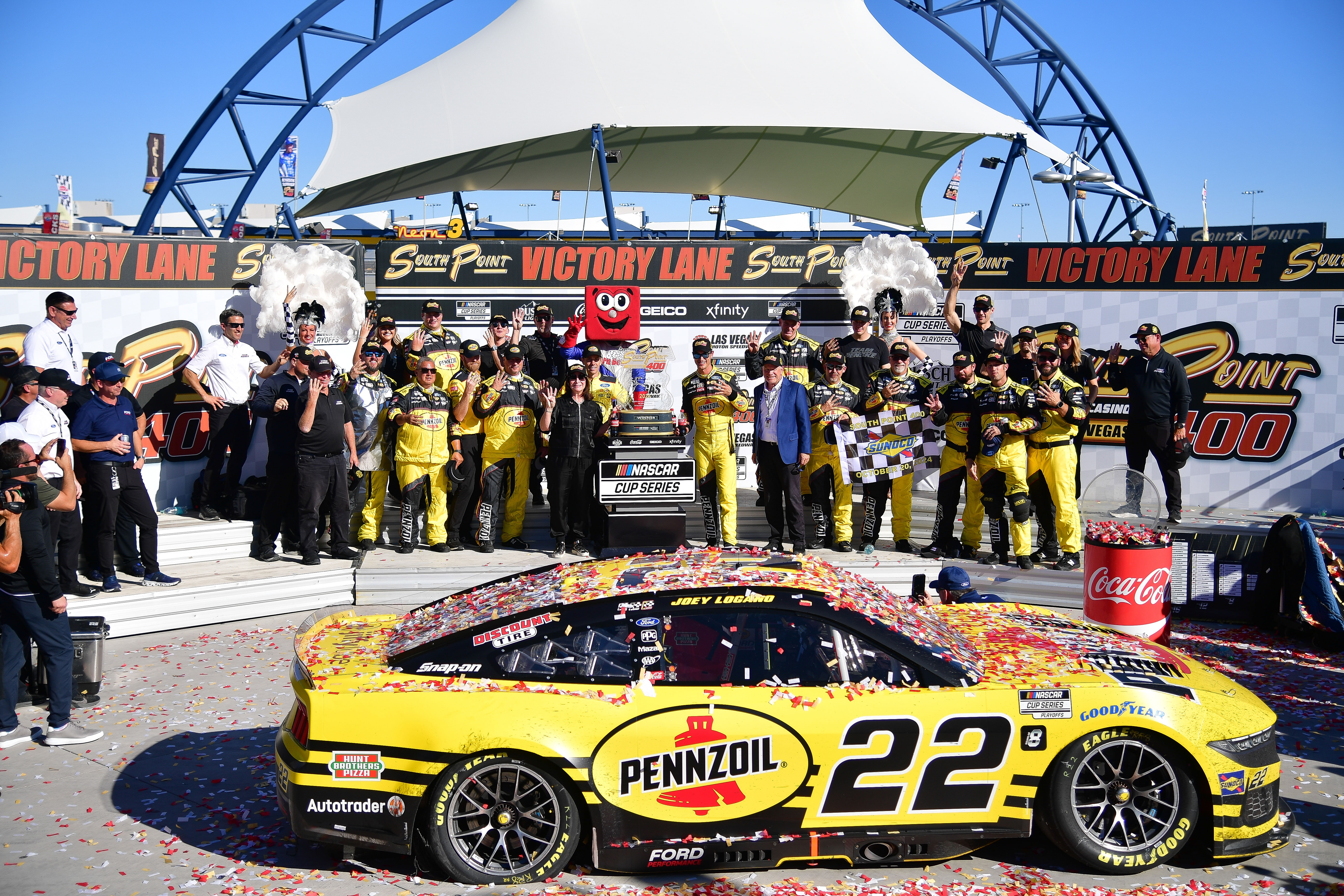 Joey Logano (22) celebrates his victory of the South Point 400 at Las Vegas Motor Speedway. Credit-Imagn Images