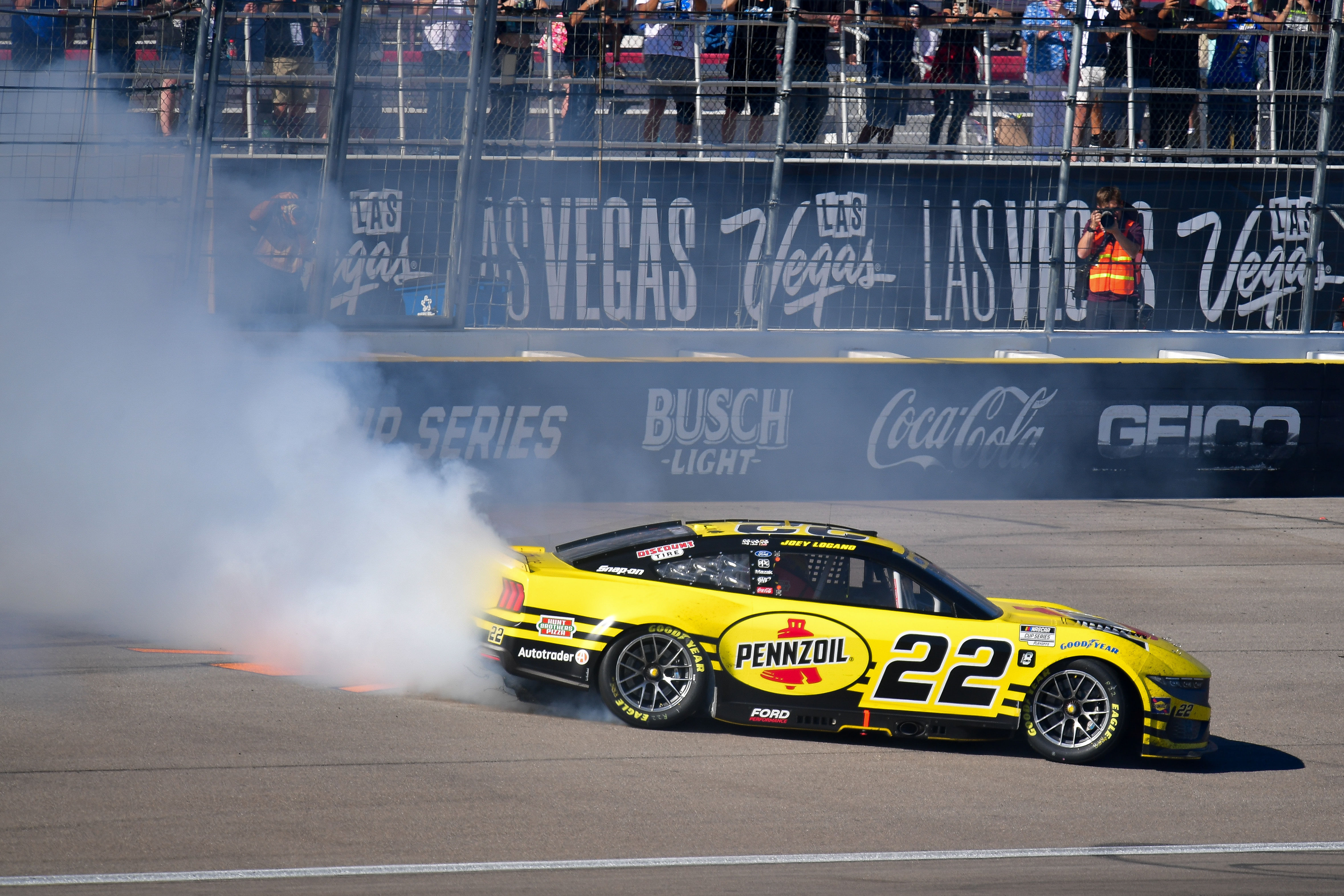 Joey Logano celebrating the Las Vegas win in the No. 22 Team Penske Ford - Source: Imagn