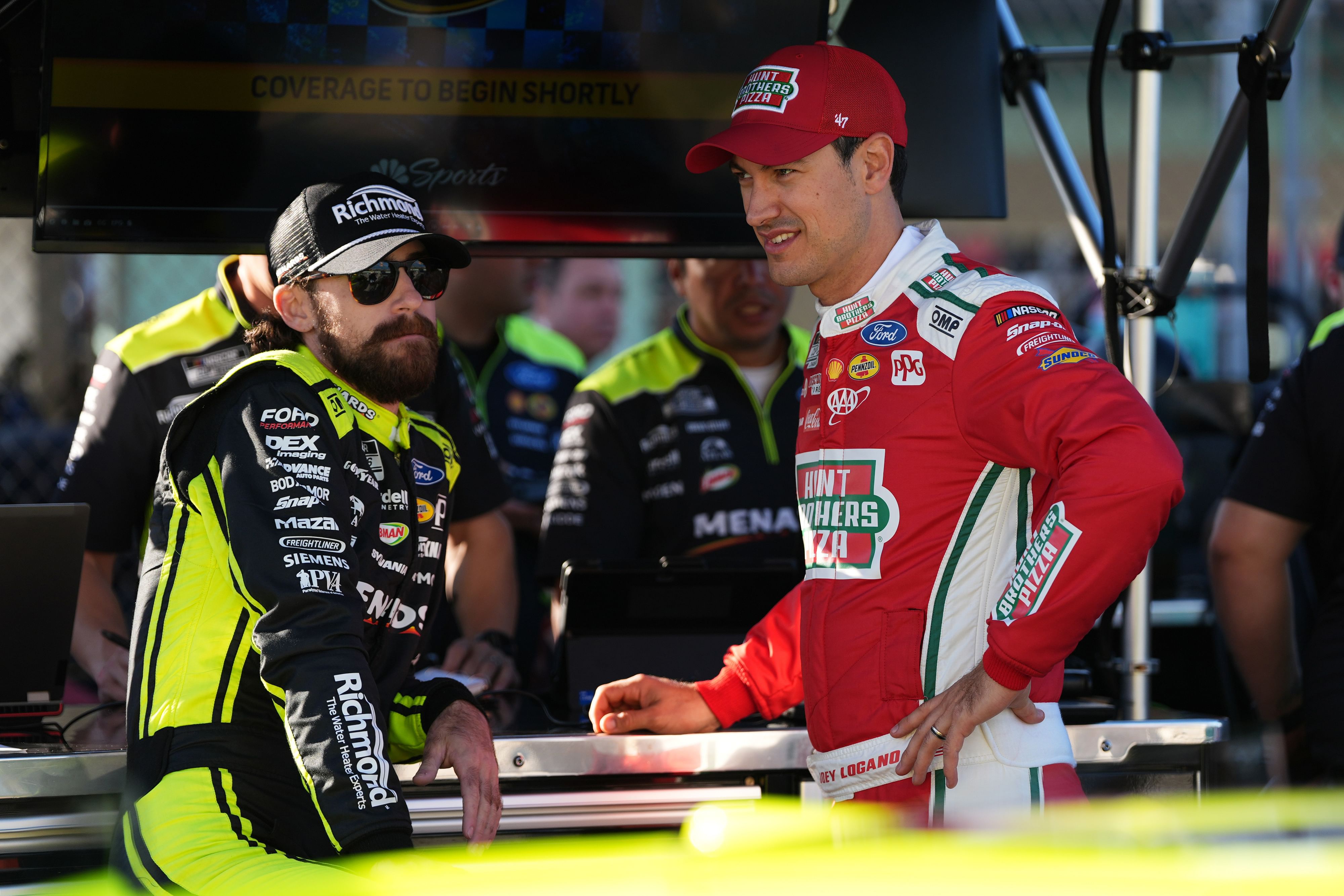 Ryan Blaney (L) with teammate Joey Logano (R) during practice for the Straight Talk Wireless 400 at Homestead-Miami Speedway (Source: Imagn)