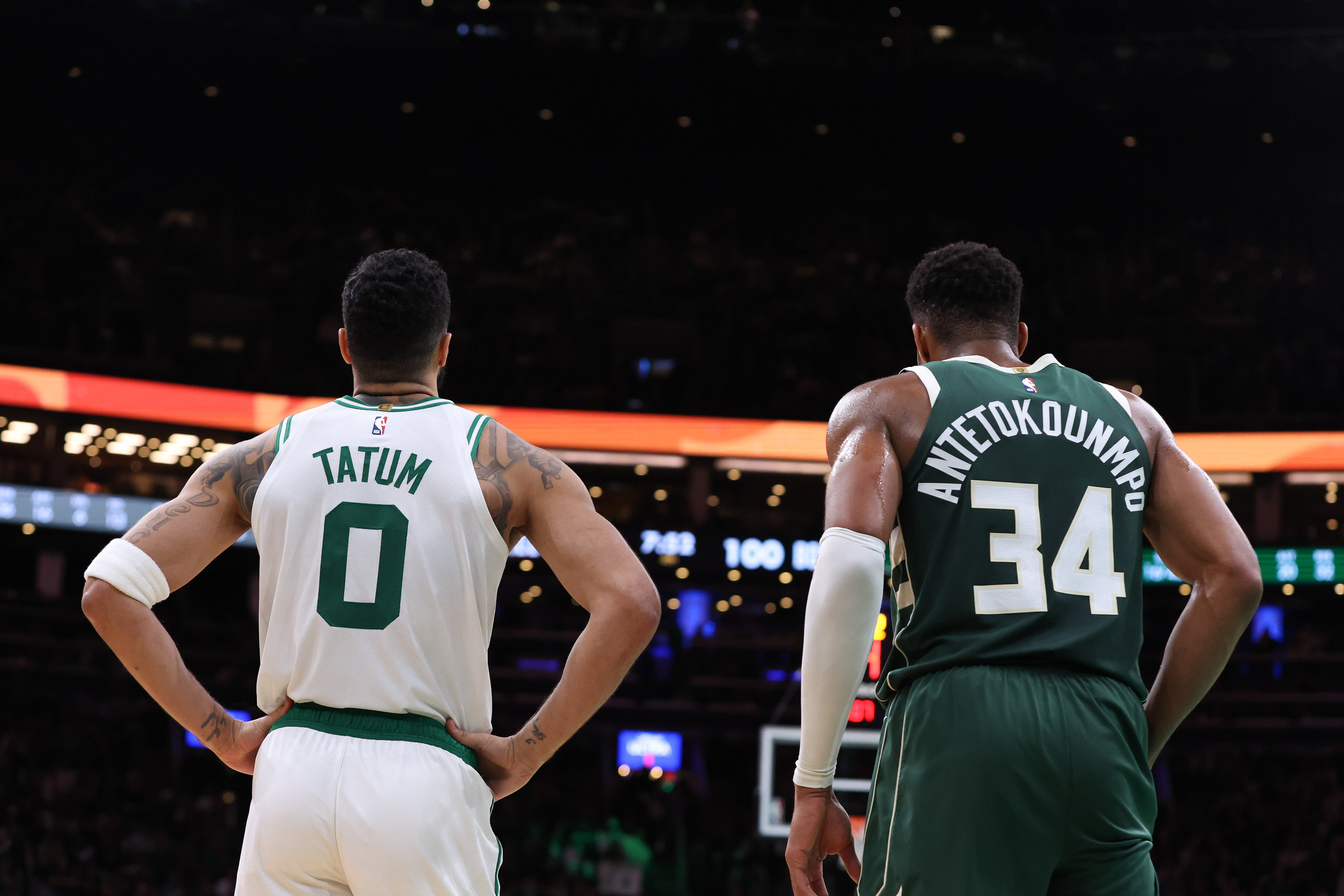 Boston Celtics forward Jayson Tatum and Milwaukee Bucks forward Giannis Antetokounmpo look on at TD Garden. Photo Credit: Imagn