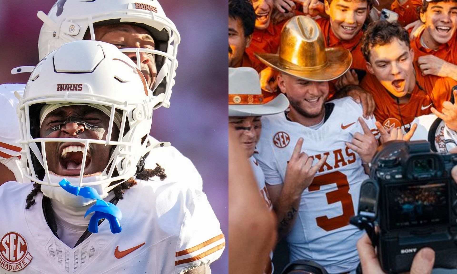 Longhorns plant Texas flag through Oklahoma jersey on middle of field to celebrate dominating red river rivalry win. (Image credits: Imagn)