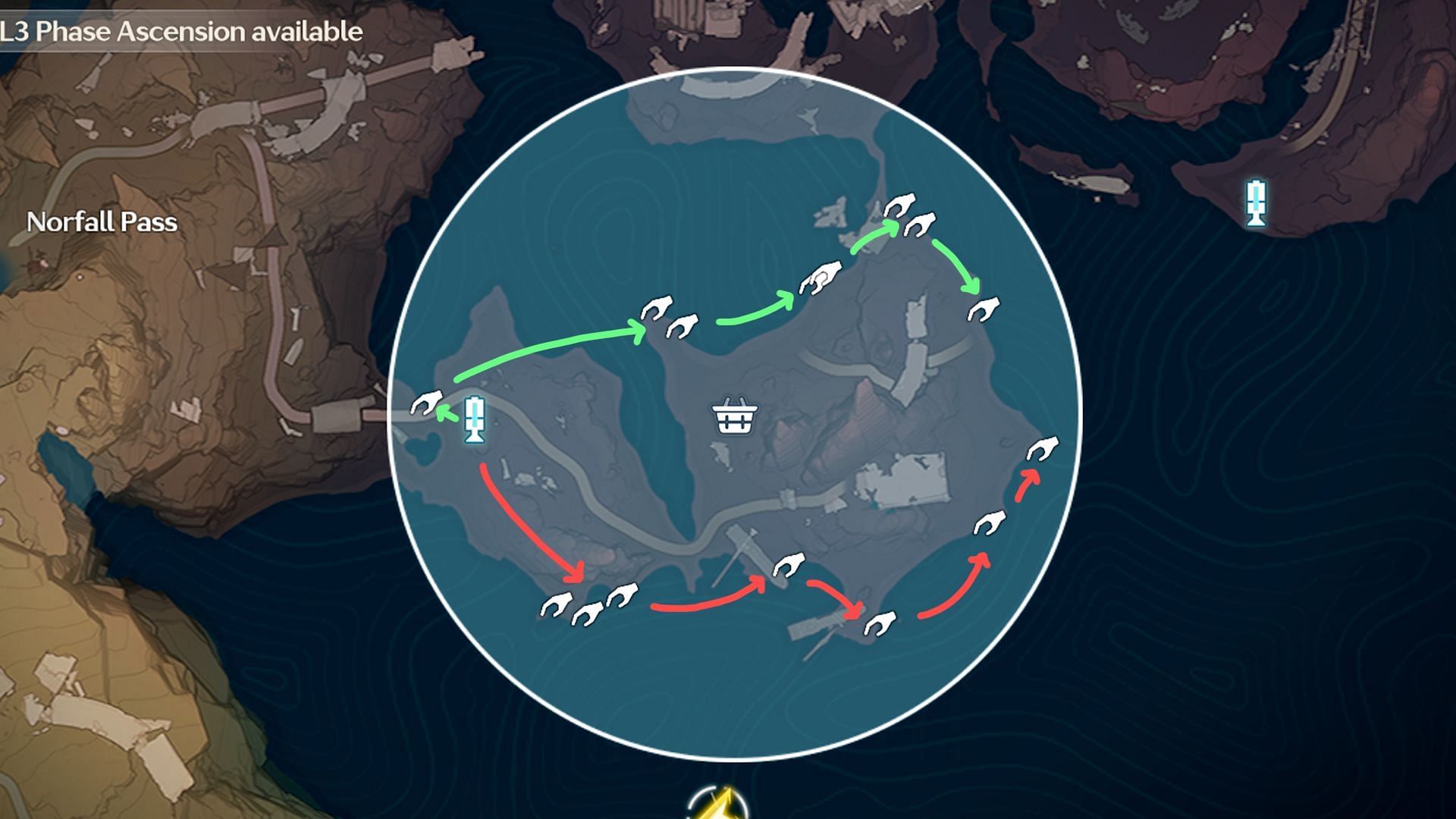 All Violet Coral locations and farming route in the southwestern Norfall Barrens area (Image via Kuro Games)