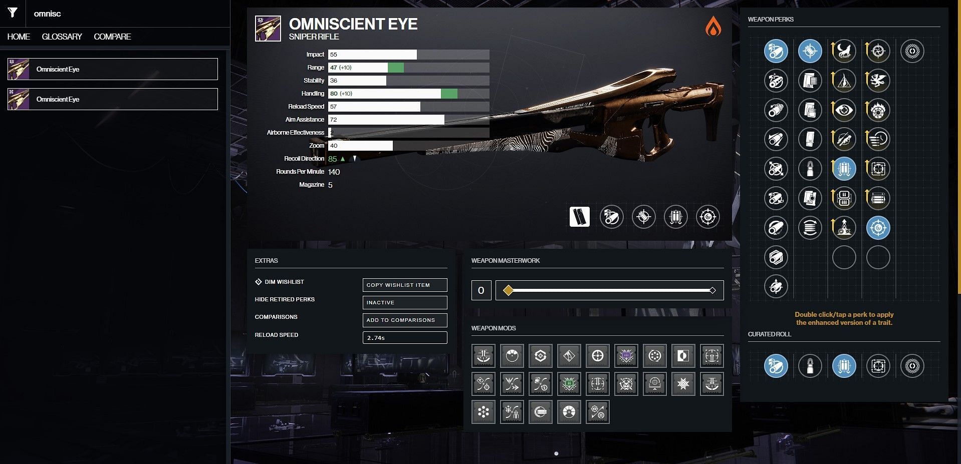 Omniscient Eye PvE god roll (Image via Bungie/D2Gunsmith.com)