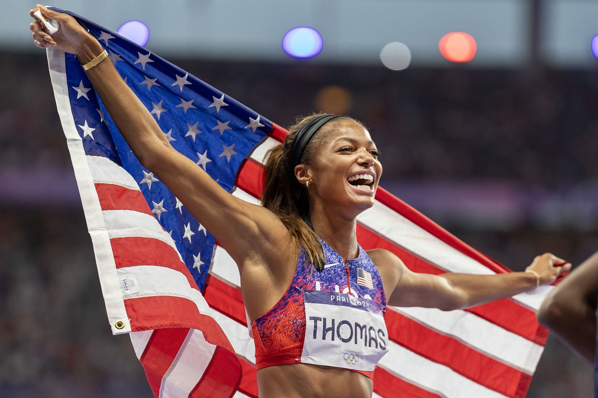 Gabby Thomas of the United States celebrates her team&#039;s gold medal win in the Women&#039;s 4 x 400m Relay Final during the 2024 Summer Olympic Games in Paris, France. (Photo via Getty Images)