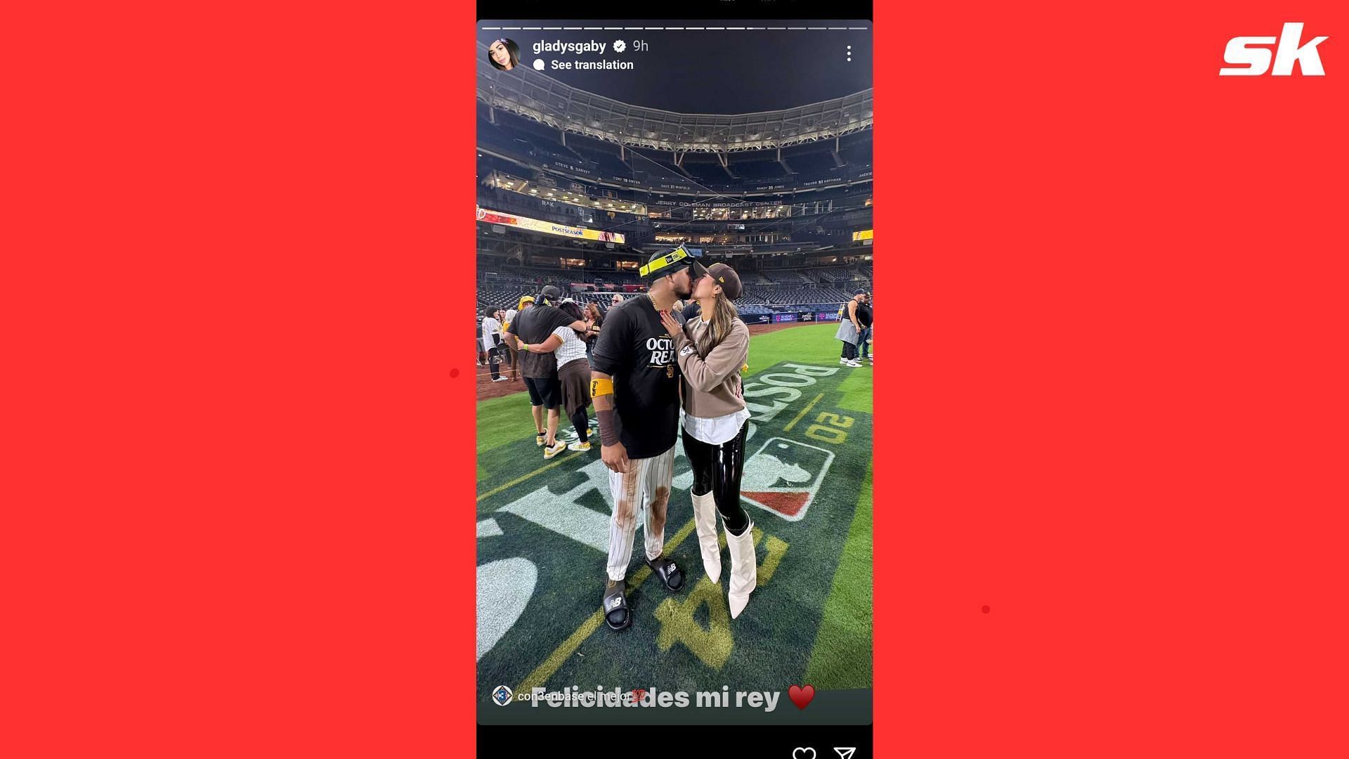 Luis Arraez&#039;s wife Gladys honoring her husband&#039;s team&#039;s advancement to the NLDS