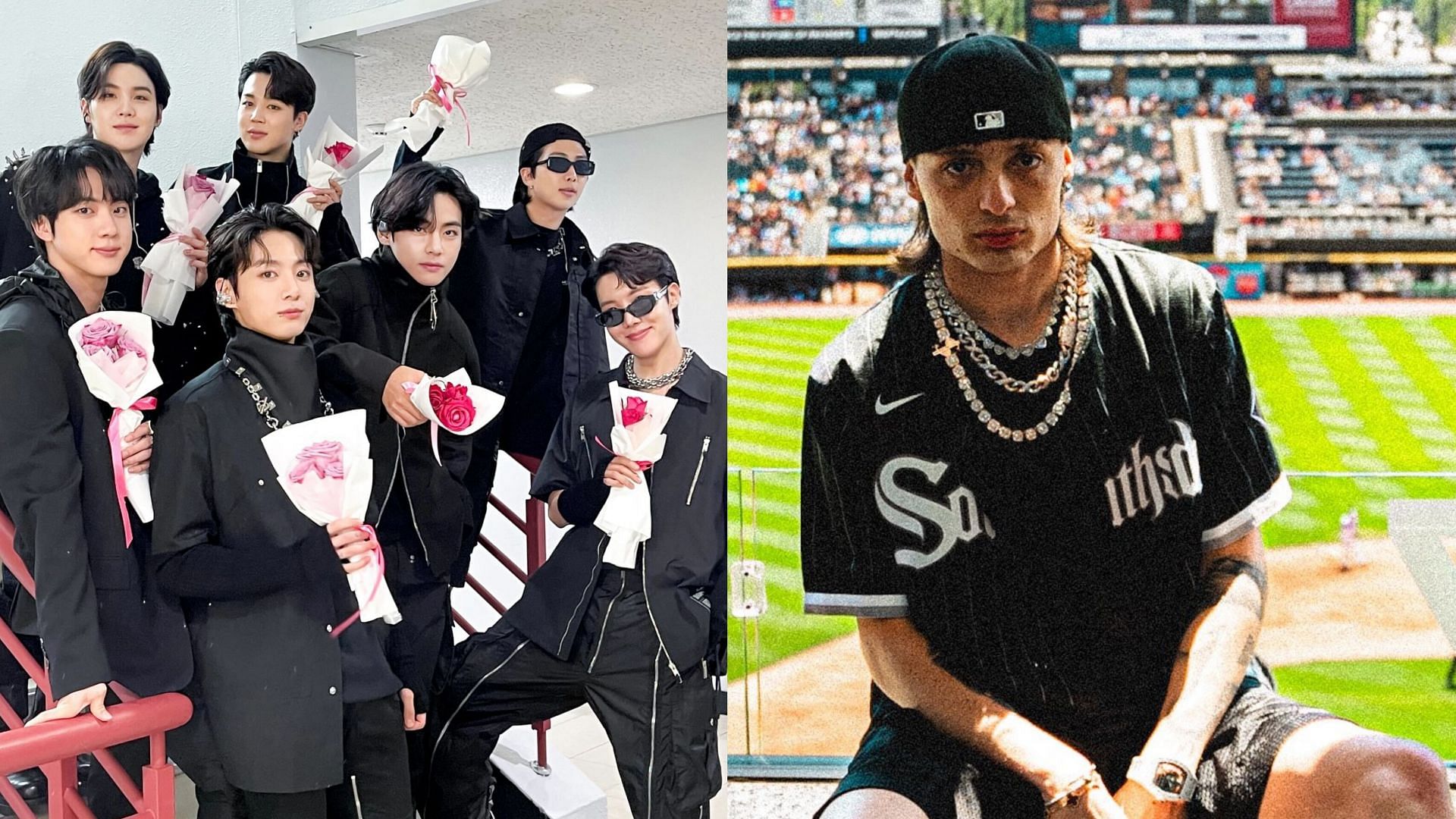 Speculations arise as Mexican artist Peso Pluma responds to BTS collaboration message with a cryptic emoji (Images via X/@bts_bighit &amp; @_PesoPluma)