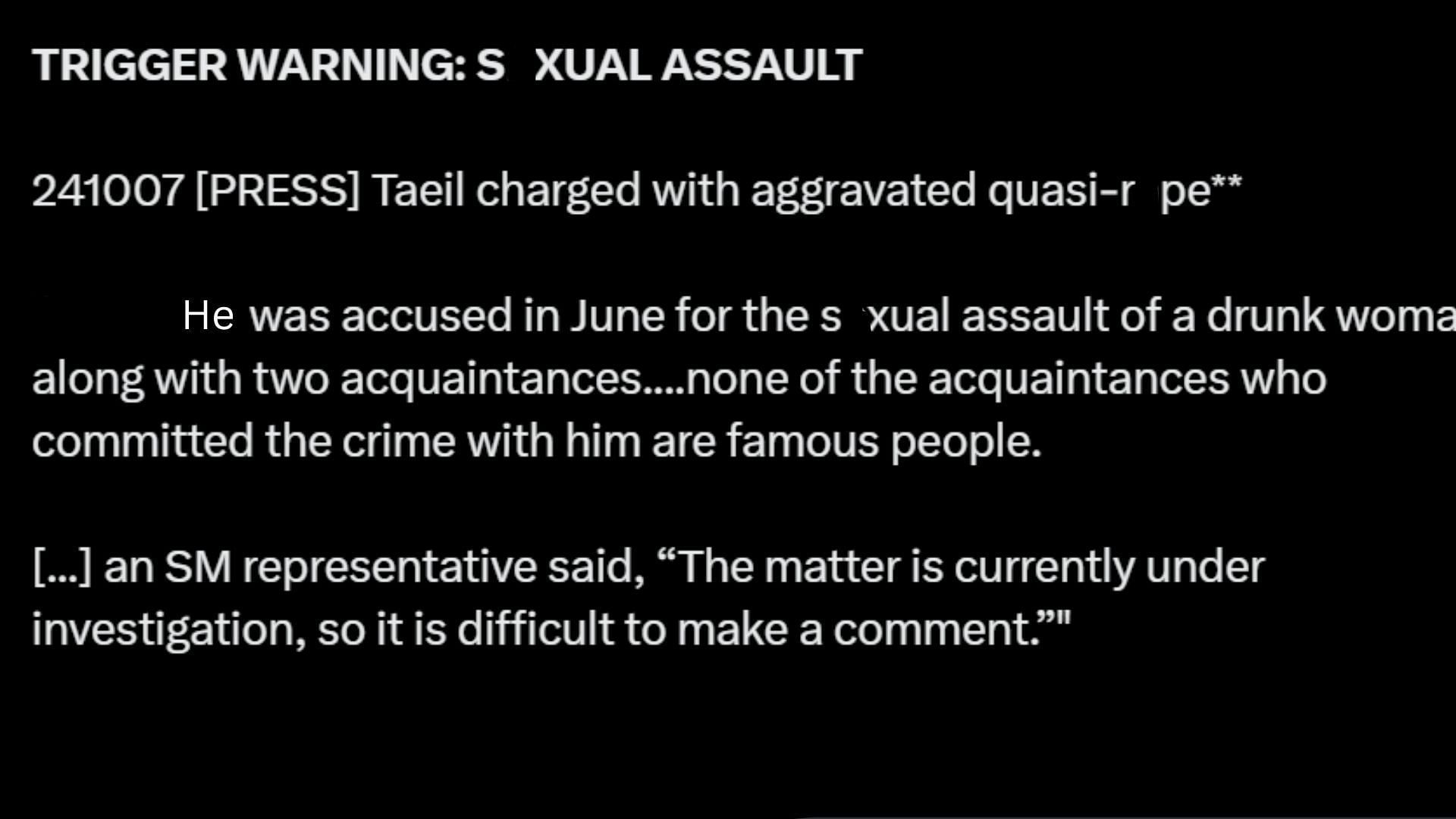 Taeil pressed with &quot;aggravated quasi-rape charges (Image via Twitter/@127CENTRAL)