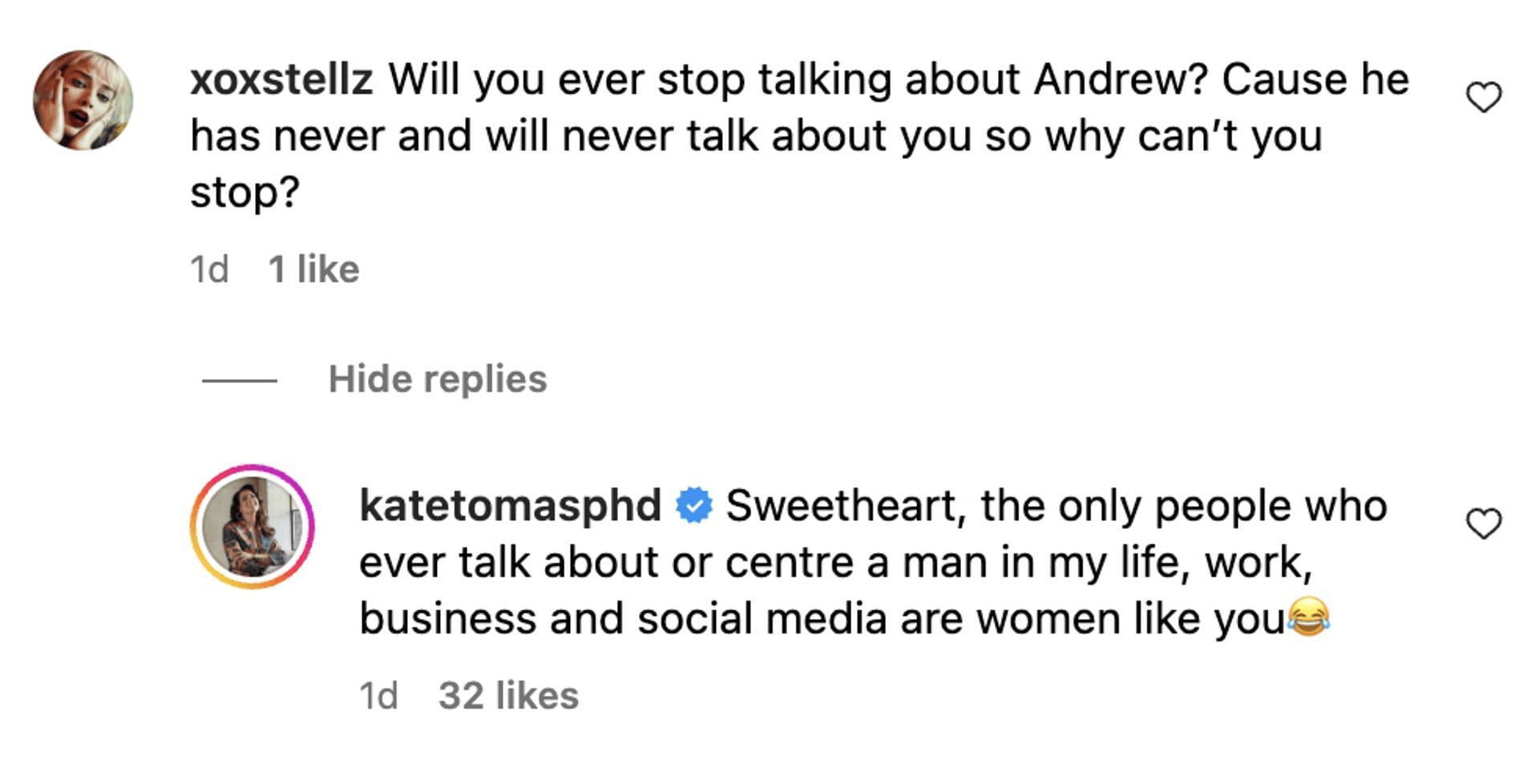 Tomas announces breakup with Andrew Garfield in the comments section of an Instagram post. (Image via Instagram)