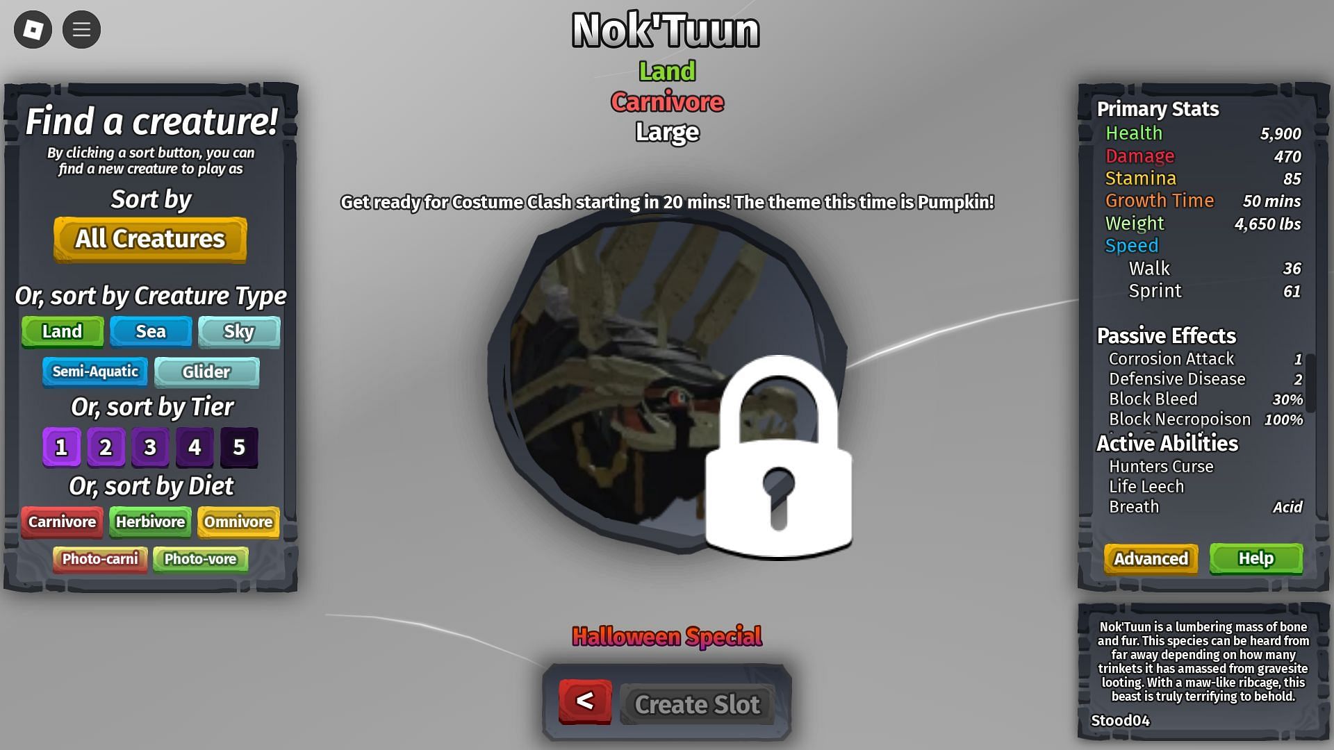 In-game description of Nok'Tuun (Image via Roblox)