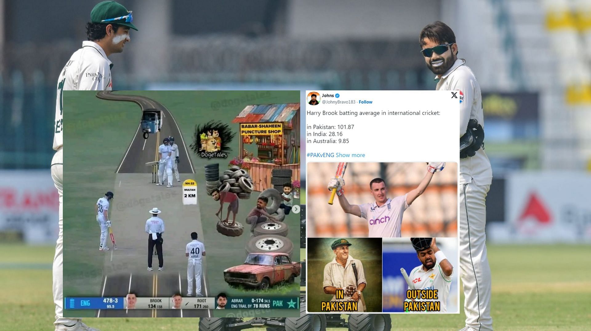 Fans react to Day 3 action of ENG vs PAK 1st Test. (Image: X- @TheRealPCB, @JohnyBravo183, Instagram - iplteamstrolls)