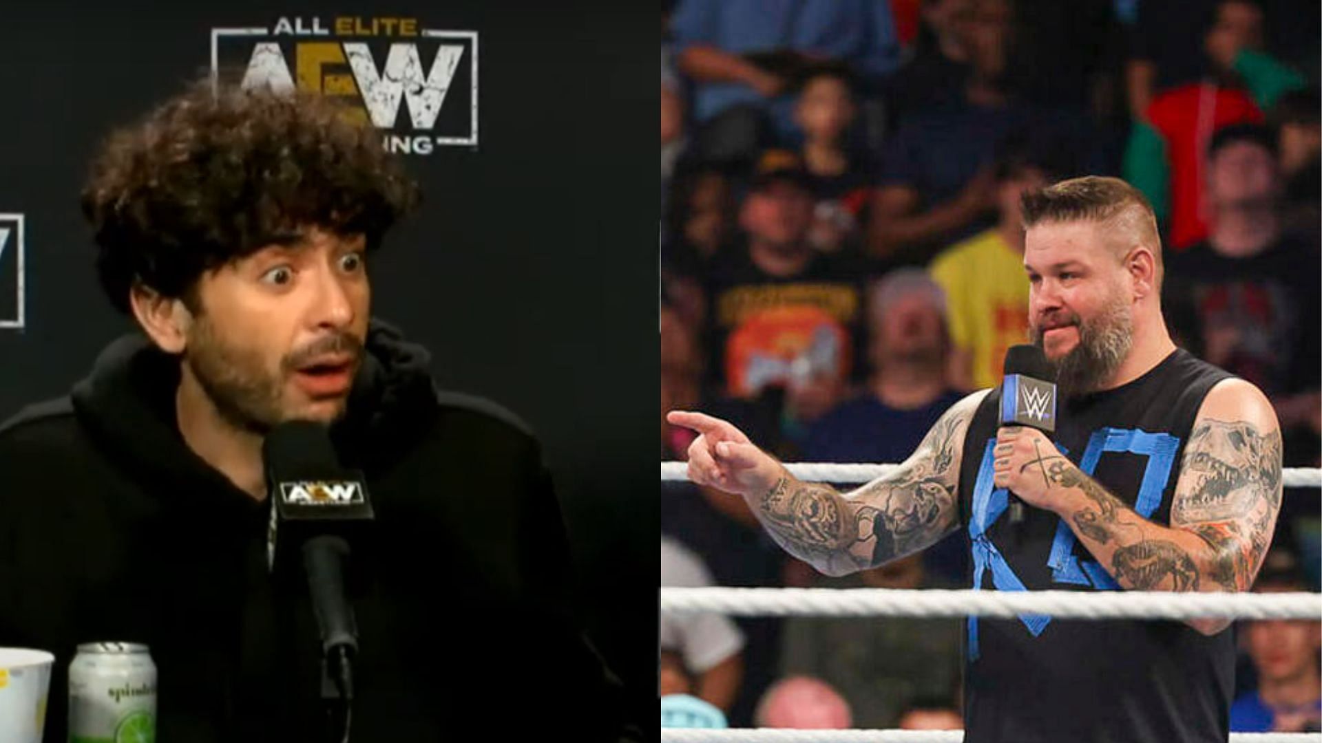 Tony Khan (left) and Kevin Owens (right). (Image credits: AEW YouTube channel &amp; wwe.com)